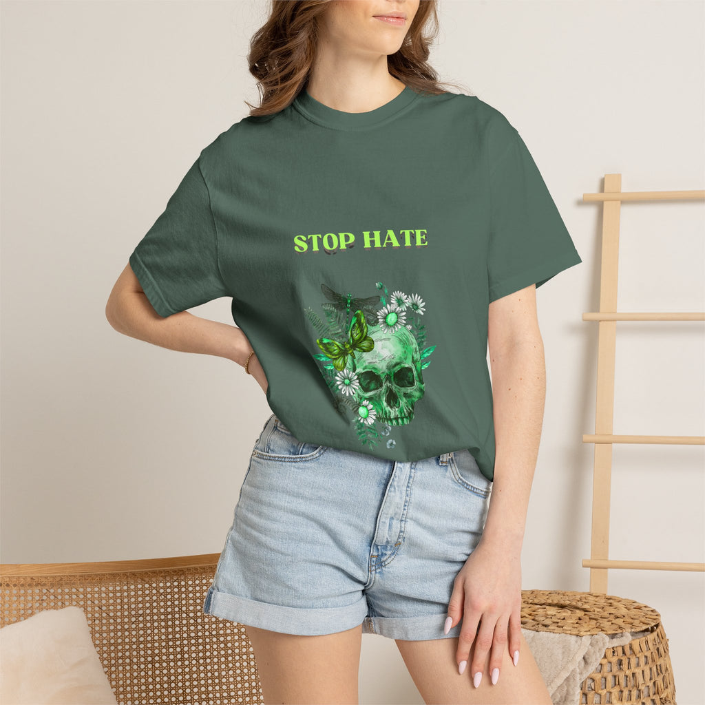 Stop Hate Skull T-Shirt — Green Floral Skull Graphic Tee