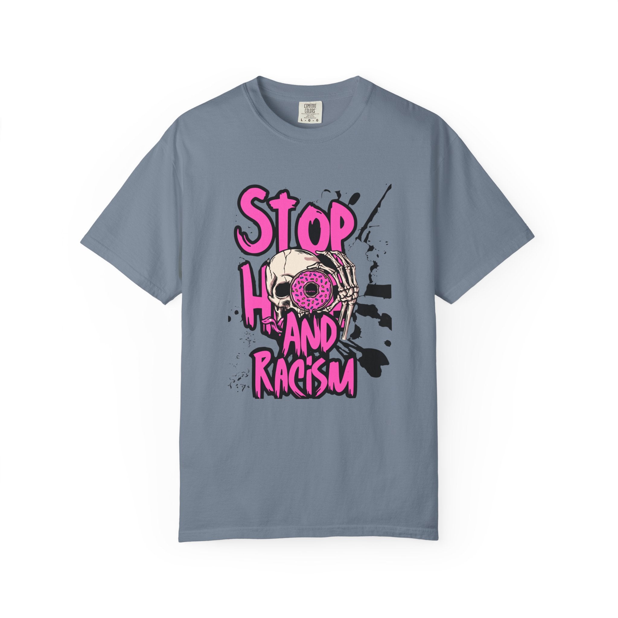 Stop H8 and Racism Graphic Tee — Anti-Racism Skull Donut Protest T-Shirt