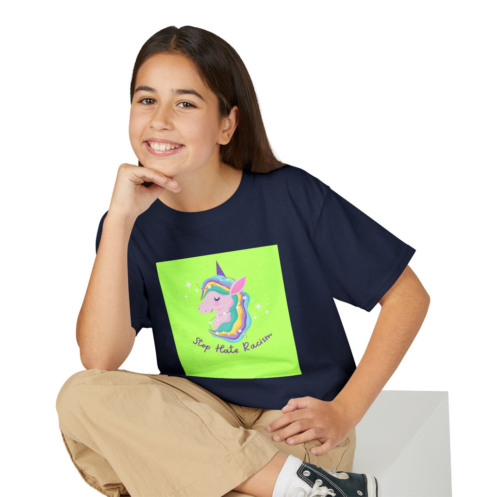 Youth T-Shirt — Rainbow Unicorn “Stop Hate Racism” Graphic