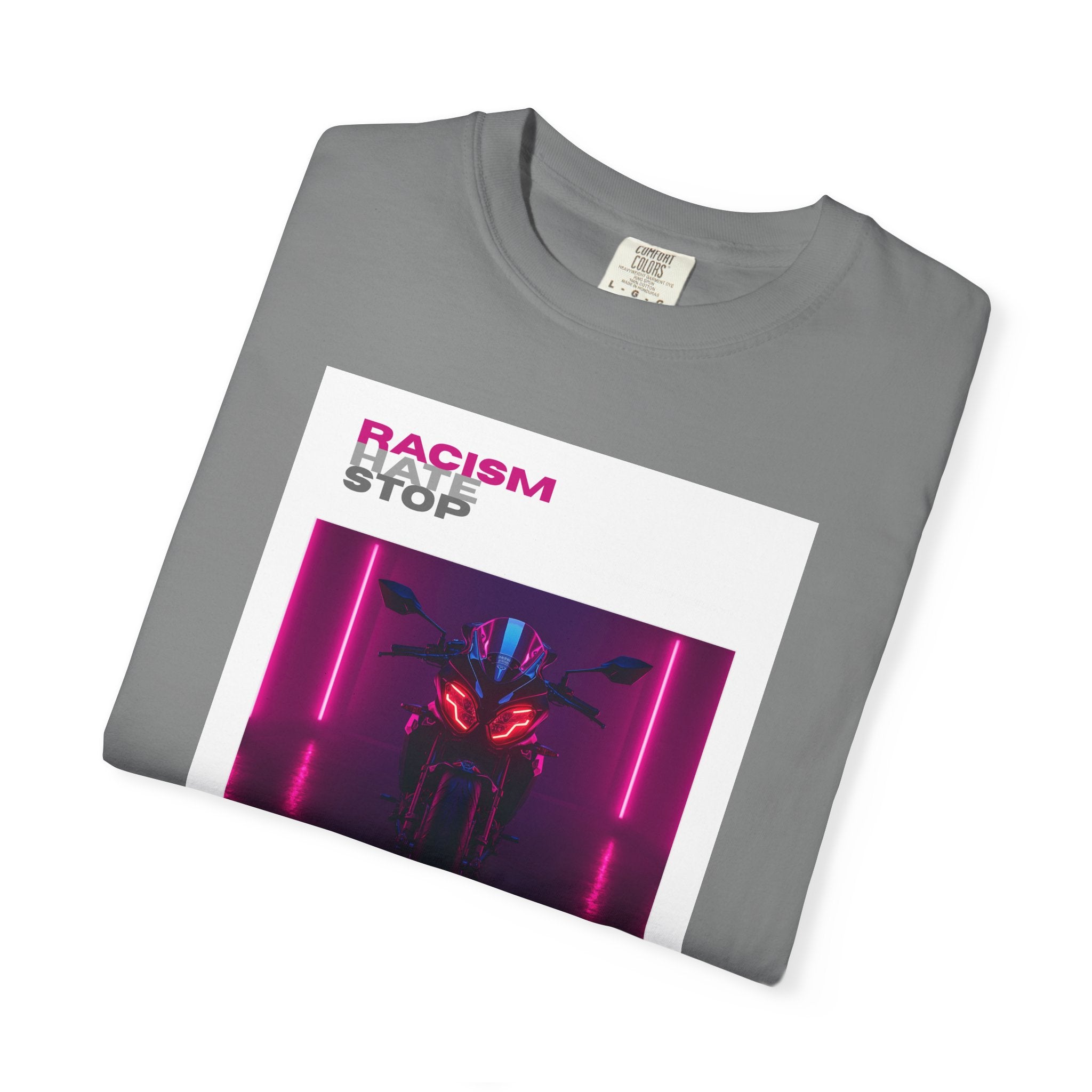 Anti-Racism Graphic T-Shirt — “Racism Stop” Neon Robot Design