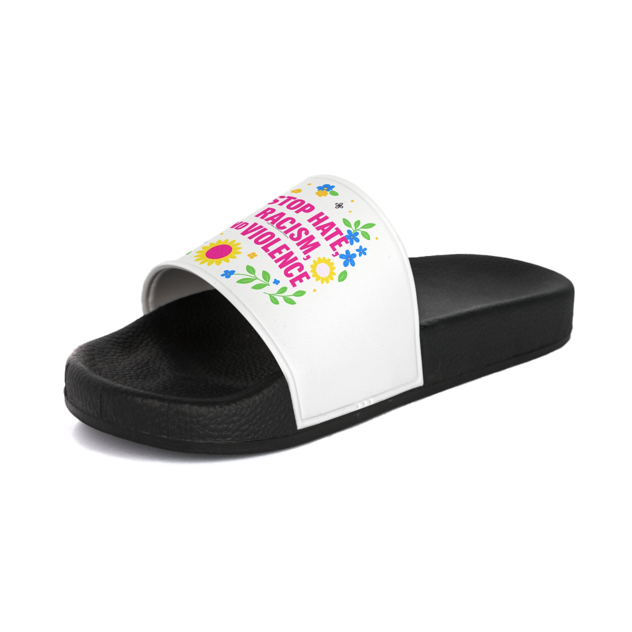 Slide Sandals — "Stop Hate, Racism, and Violence" Floral Anti-Racism Pool Slides