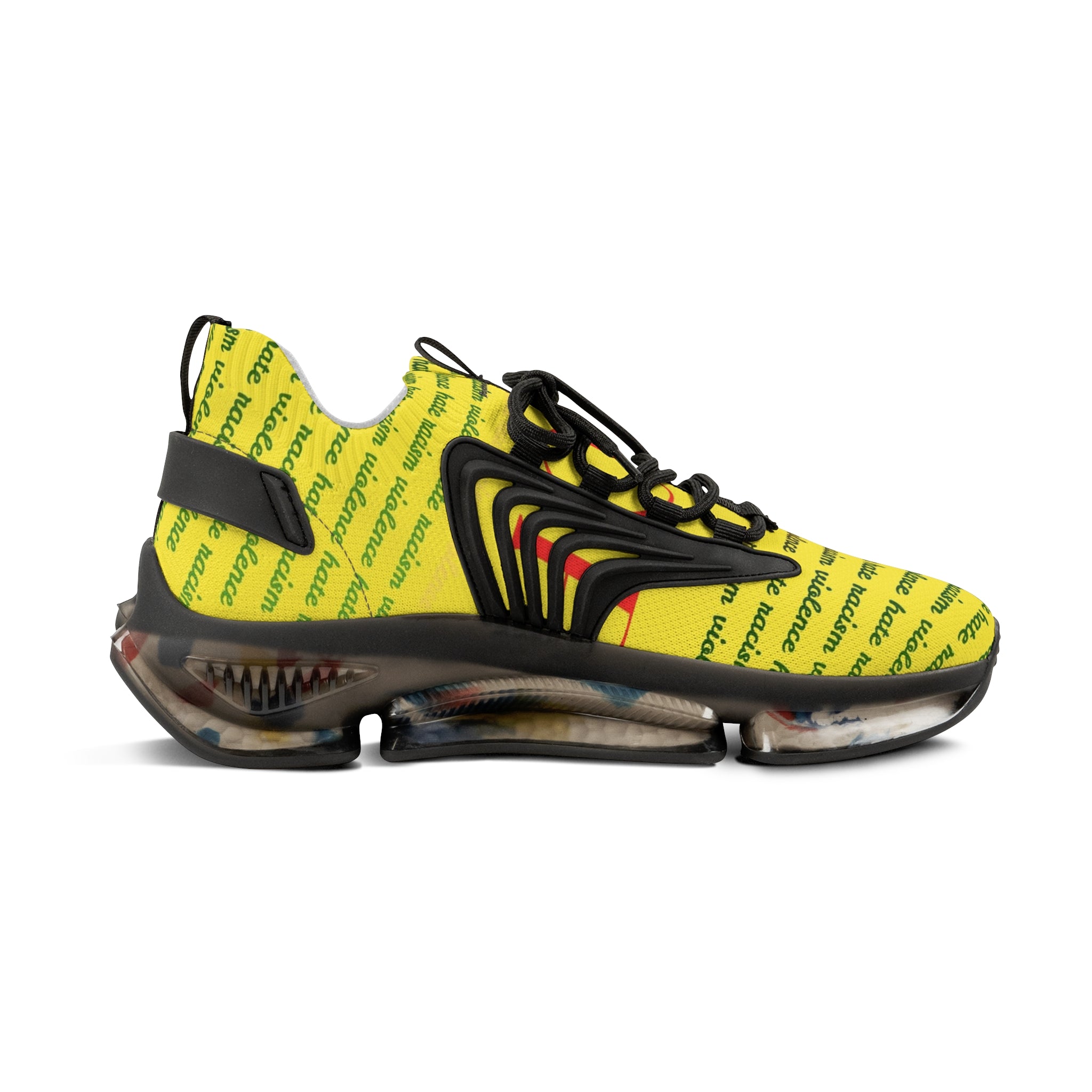 Mesh Sneakers — Yellow 'No Hate, No Violence' Graphic Athletic Shoes