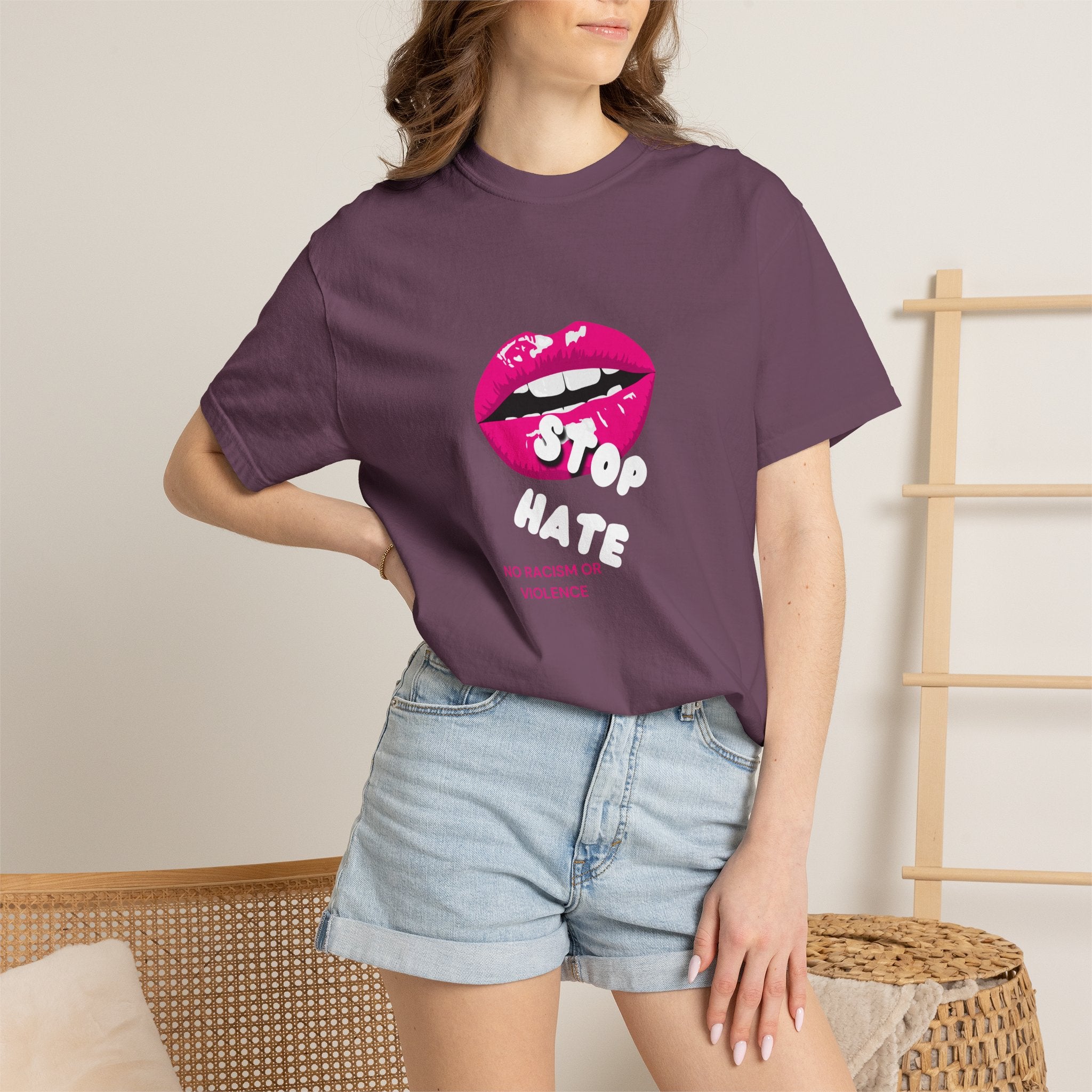 T-Shirt — Pink Lip 'Stop' Graphic Tee (No Racism or Violence)