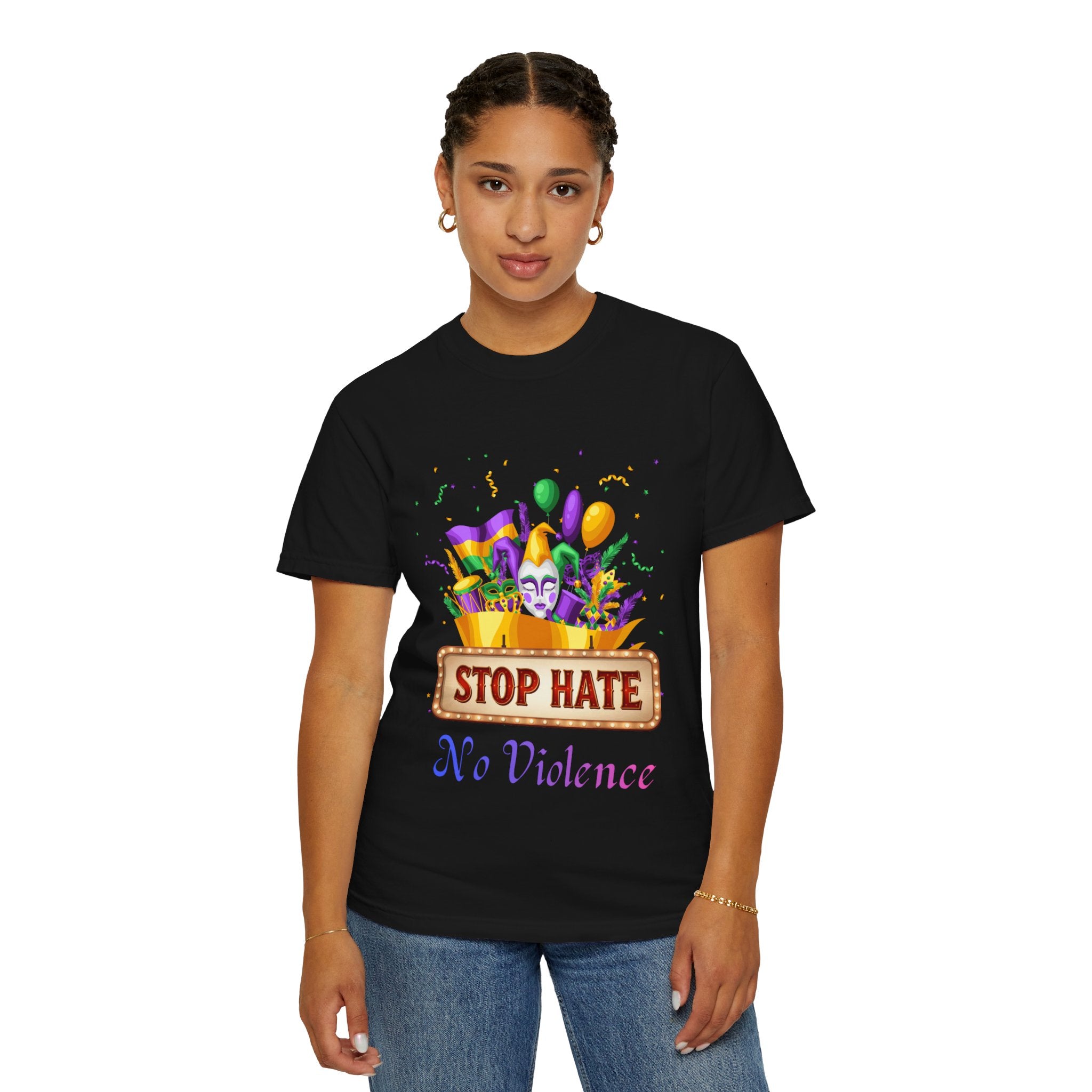 T-Shirt — "Stop Hate, No Violence" Mardi Gras Parade Design