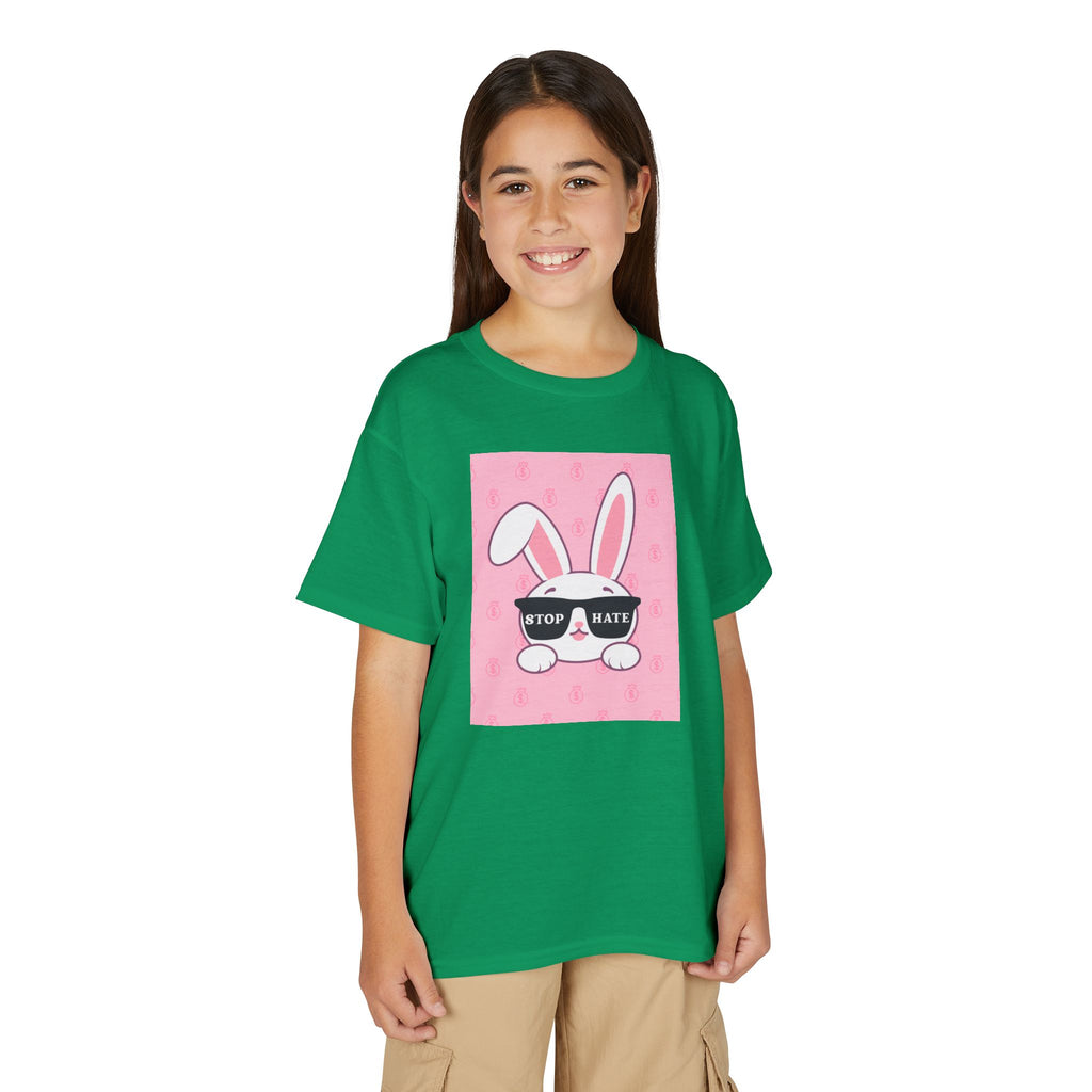 Youth T-Shirt — Pink Bunny Wearing "Stop Hate" Sunglasses Kids Tee