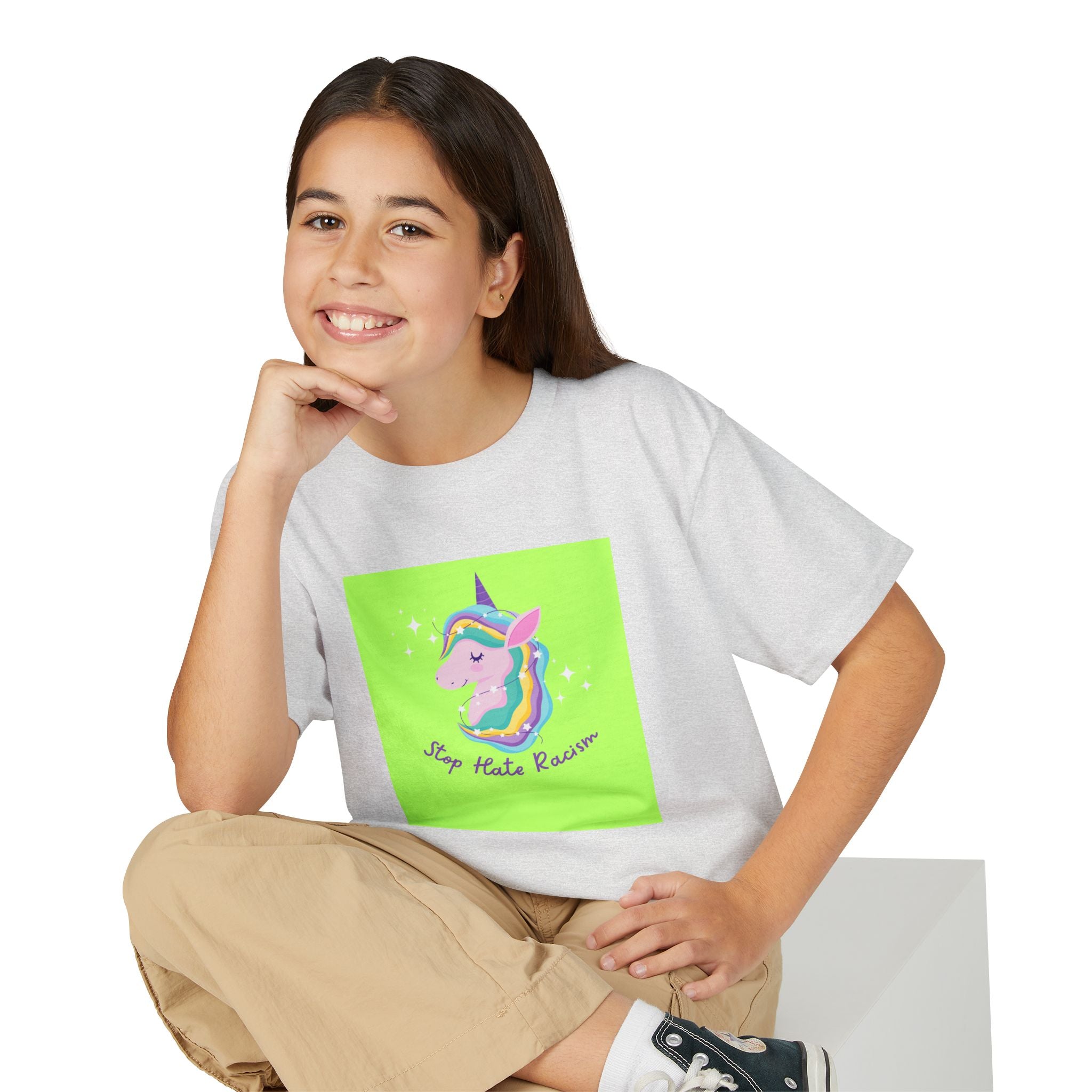Youth T-Shirt — Rainbow Unicorn “Stop Hate Racism” Graphic