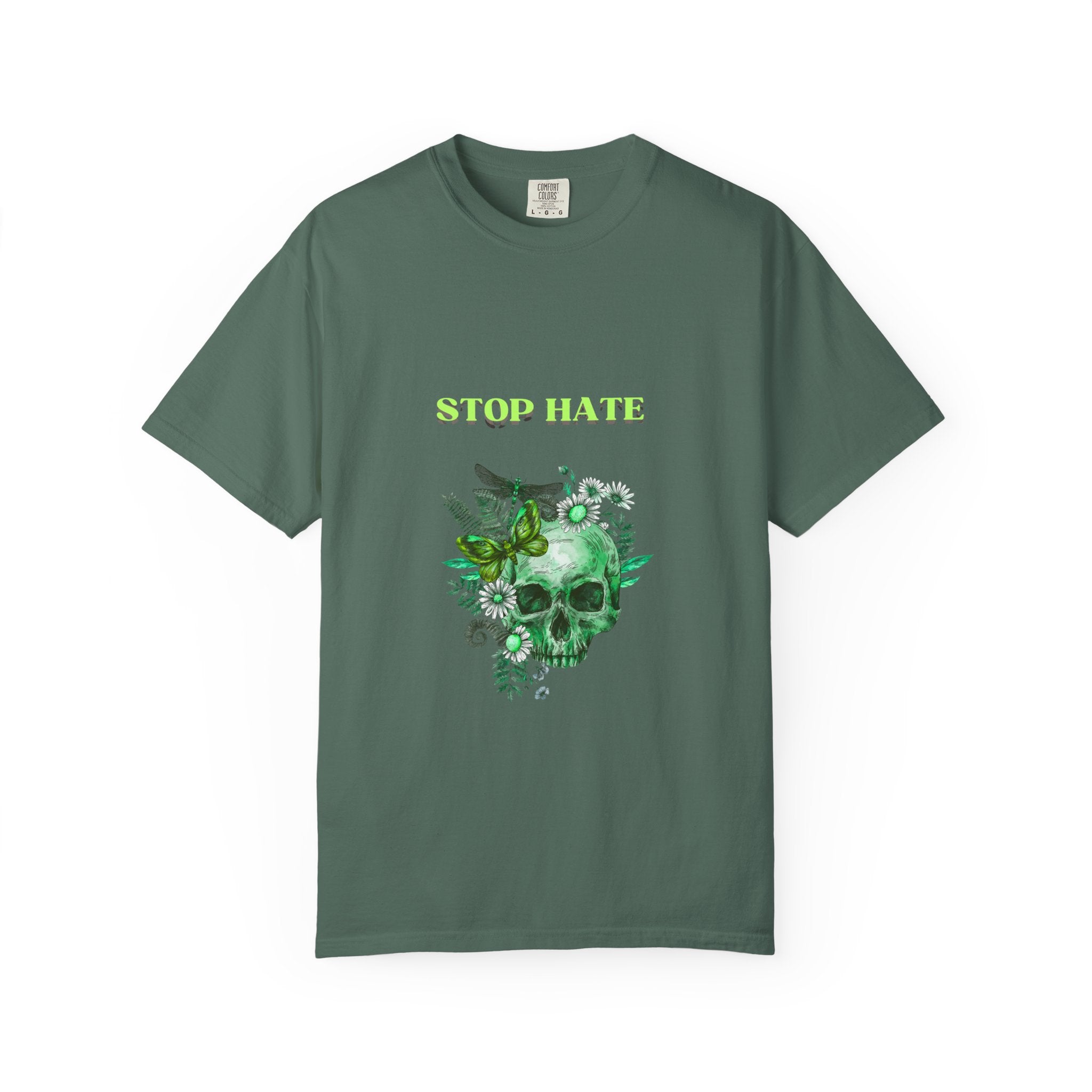 Stop Hate Skull T-Shirt — Green Floral Skull Graphic Tee