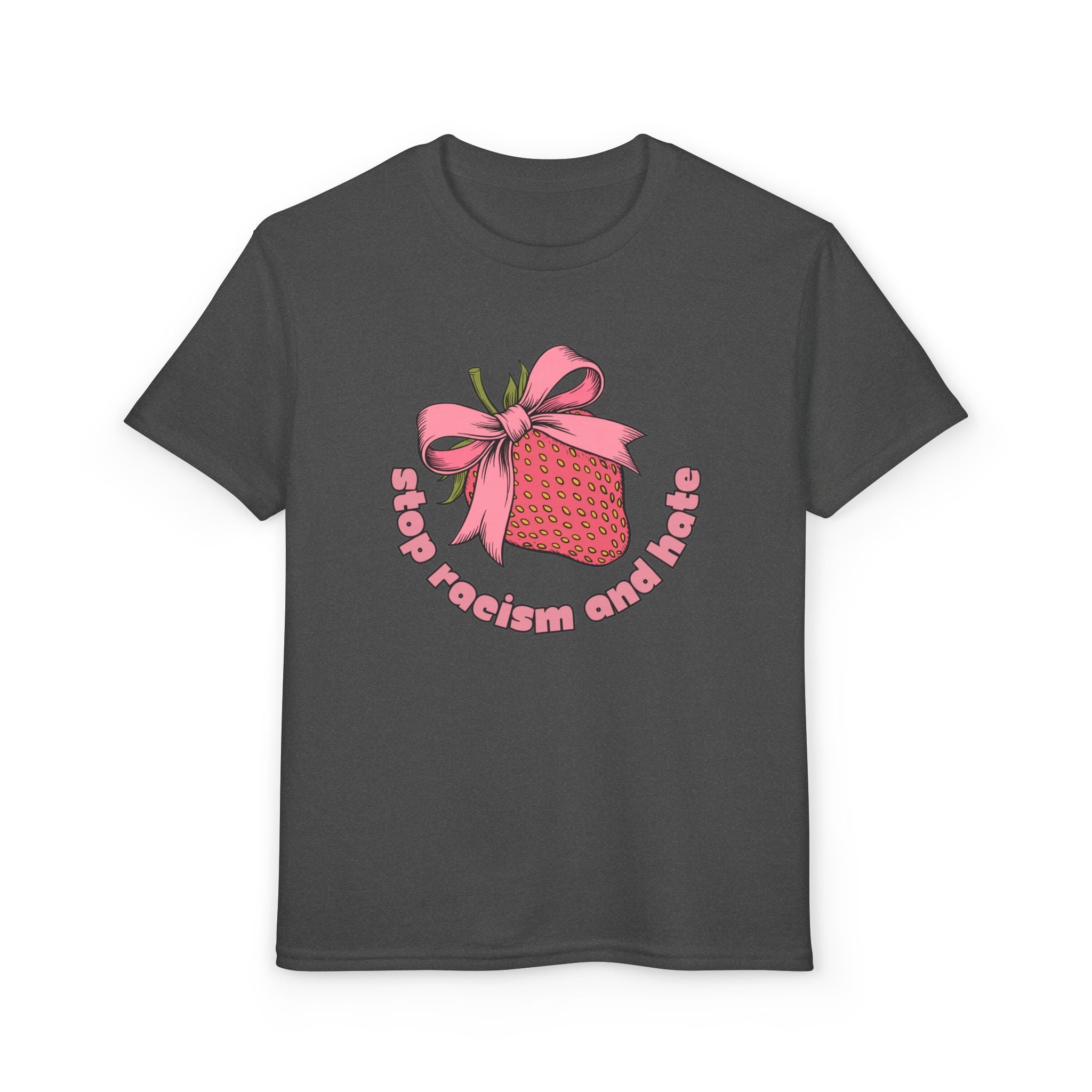Youth T-Shirt — Cute Pink Gift Box Graphic with "Stop, Realism and Races" Slogan
