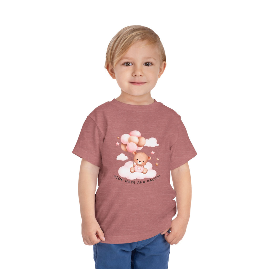 Toddler Tee — Cute Teddy with Balloons “Stop Hate and Racism”
