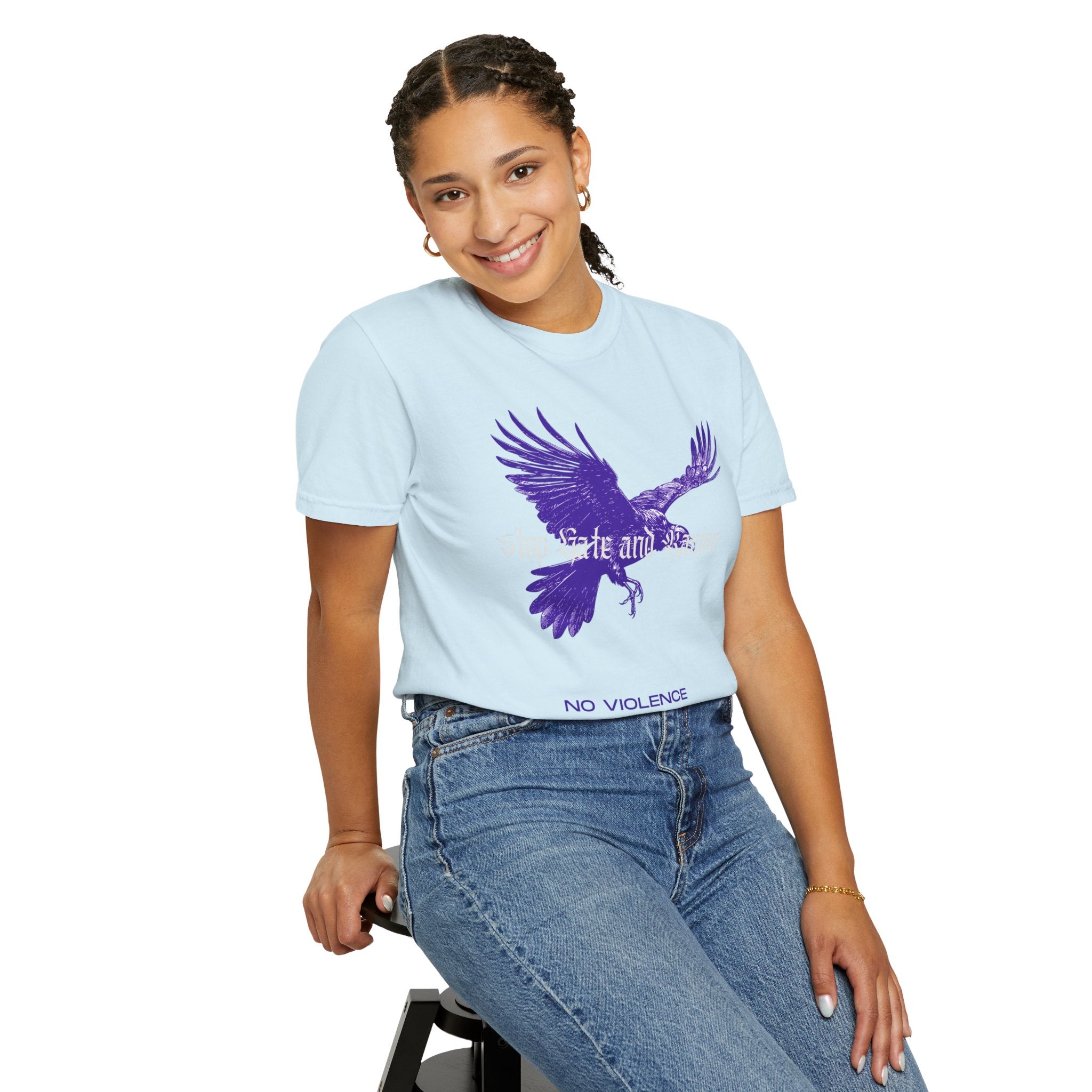 No Violence Raven T-Shirt — Purple Flying Crow Graphic Tee