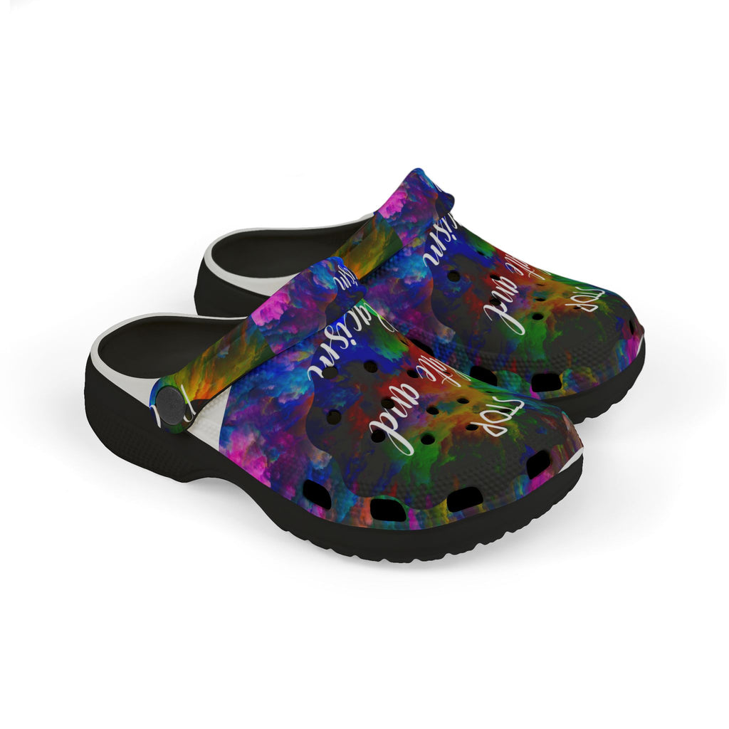 Kids Foam Clogs — "Stop Hate and Racism" Colorful Tie-Dye Anti-Racism Slip-Ons