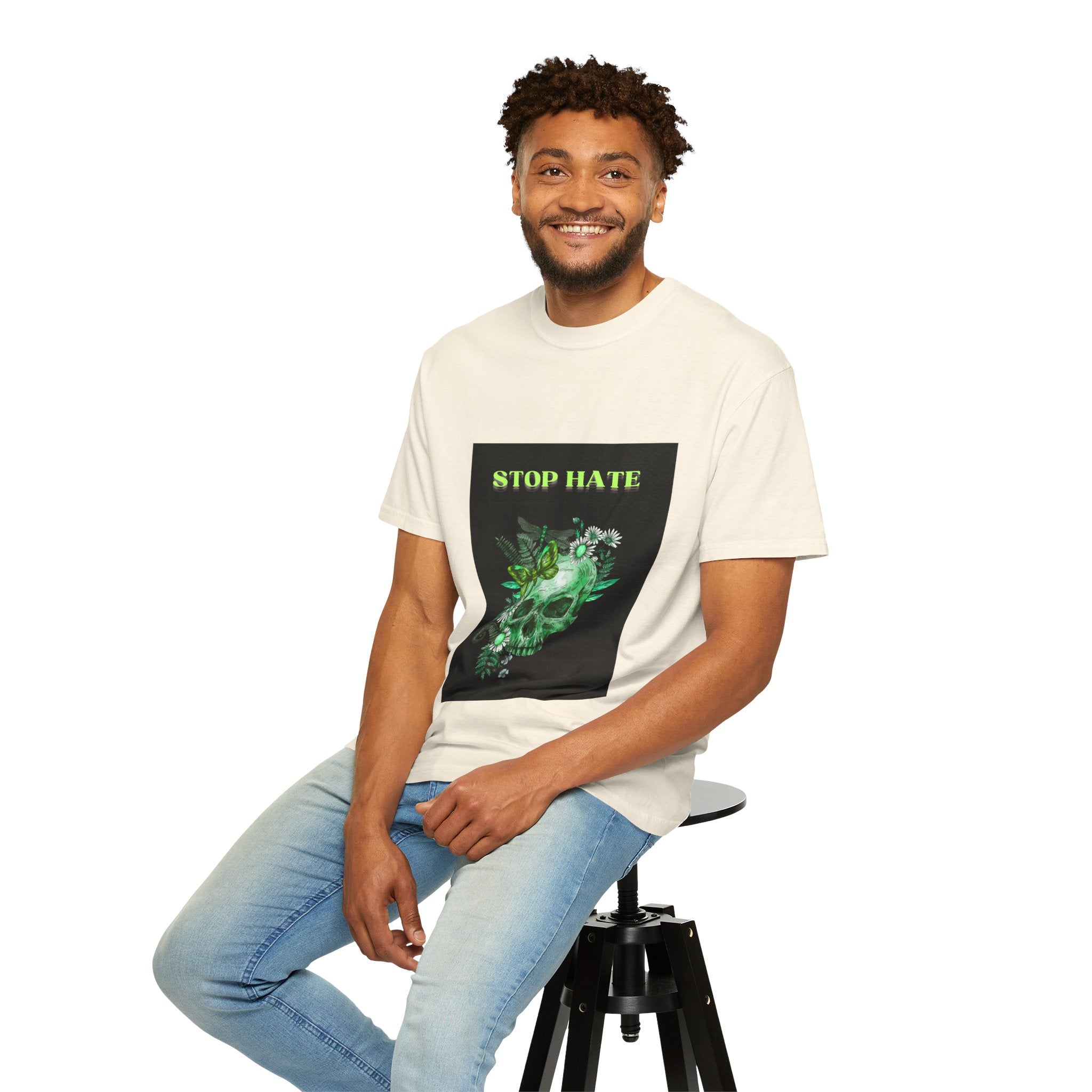Stop Hate Skull T-Shirt — Green Floral Skull Graphic Tee