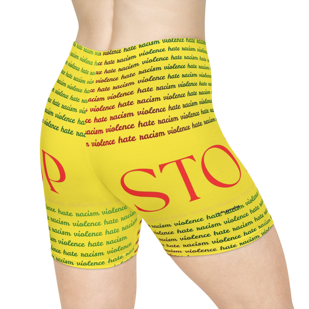 Stop Racism Yellow Biker Shorts — 'Stop' Statement Activewear