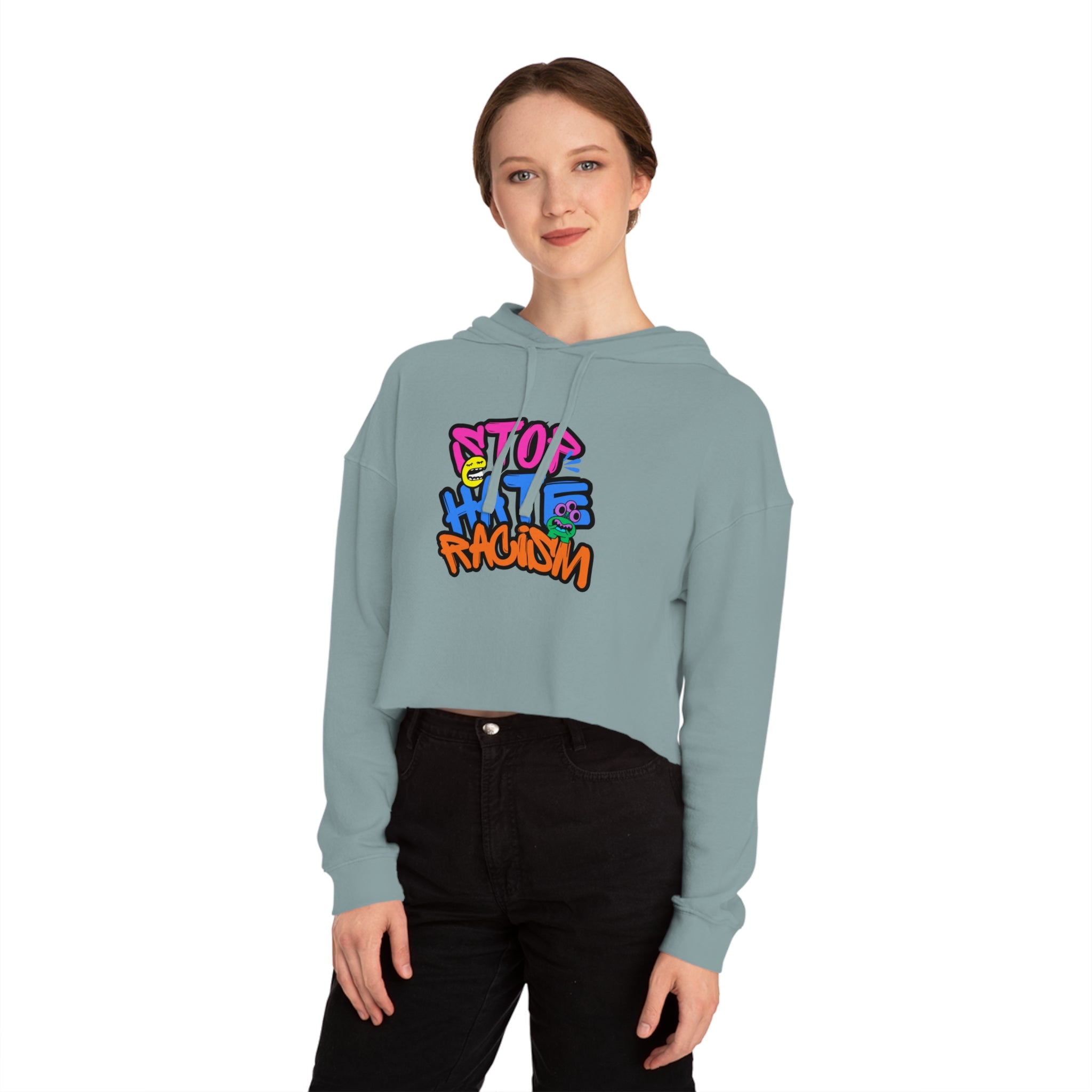 Cropped Hoodie "Stop Hate, Not People" Graffiti Anti-Racism Sweatshirt