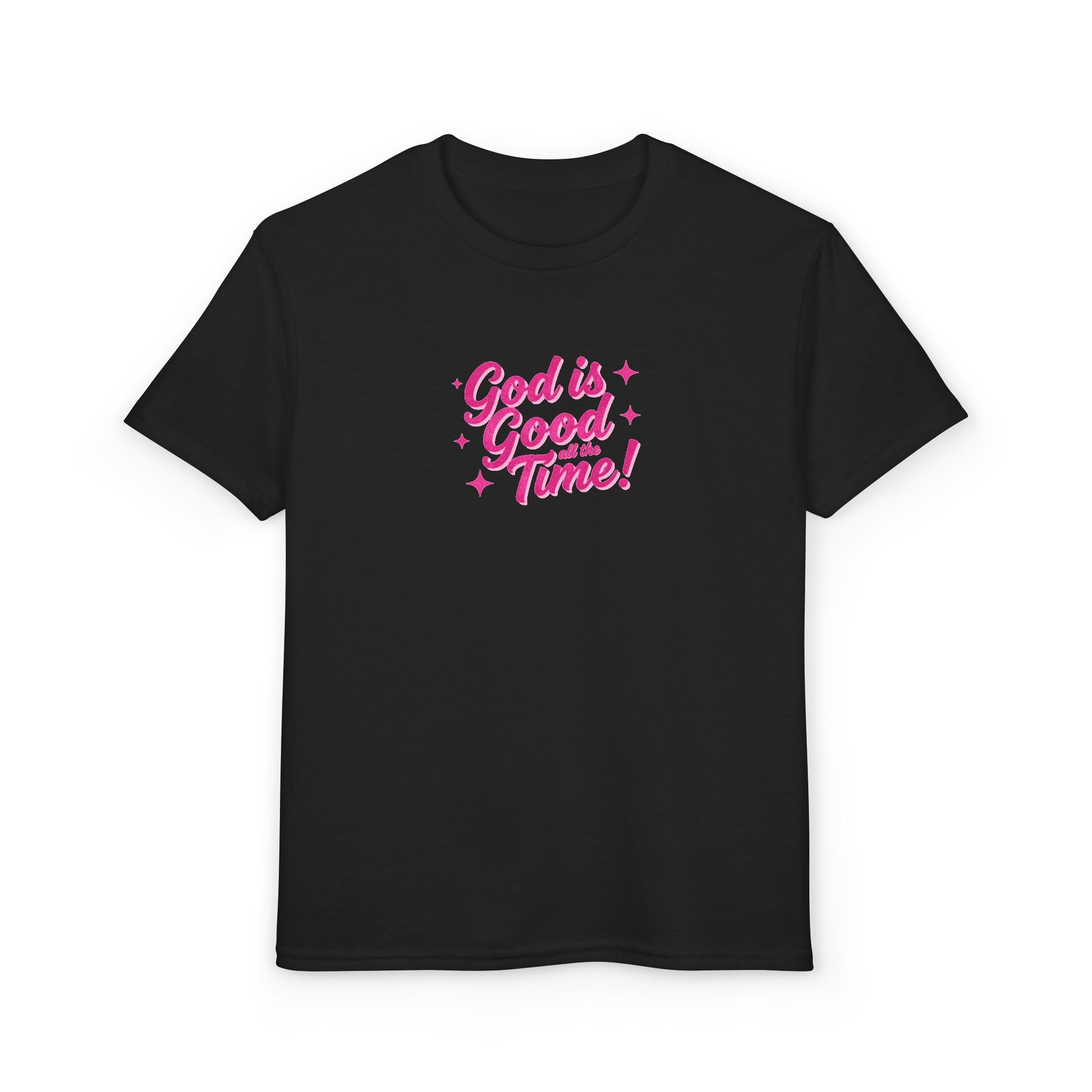 Youth T-Shirt — "God Is Good Time!" Pink Script Faith Tee