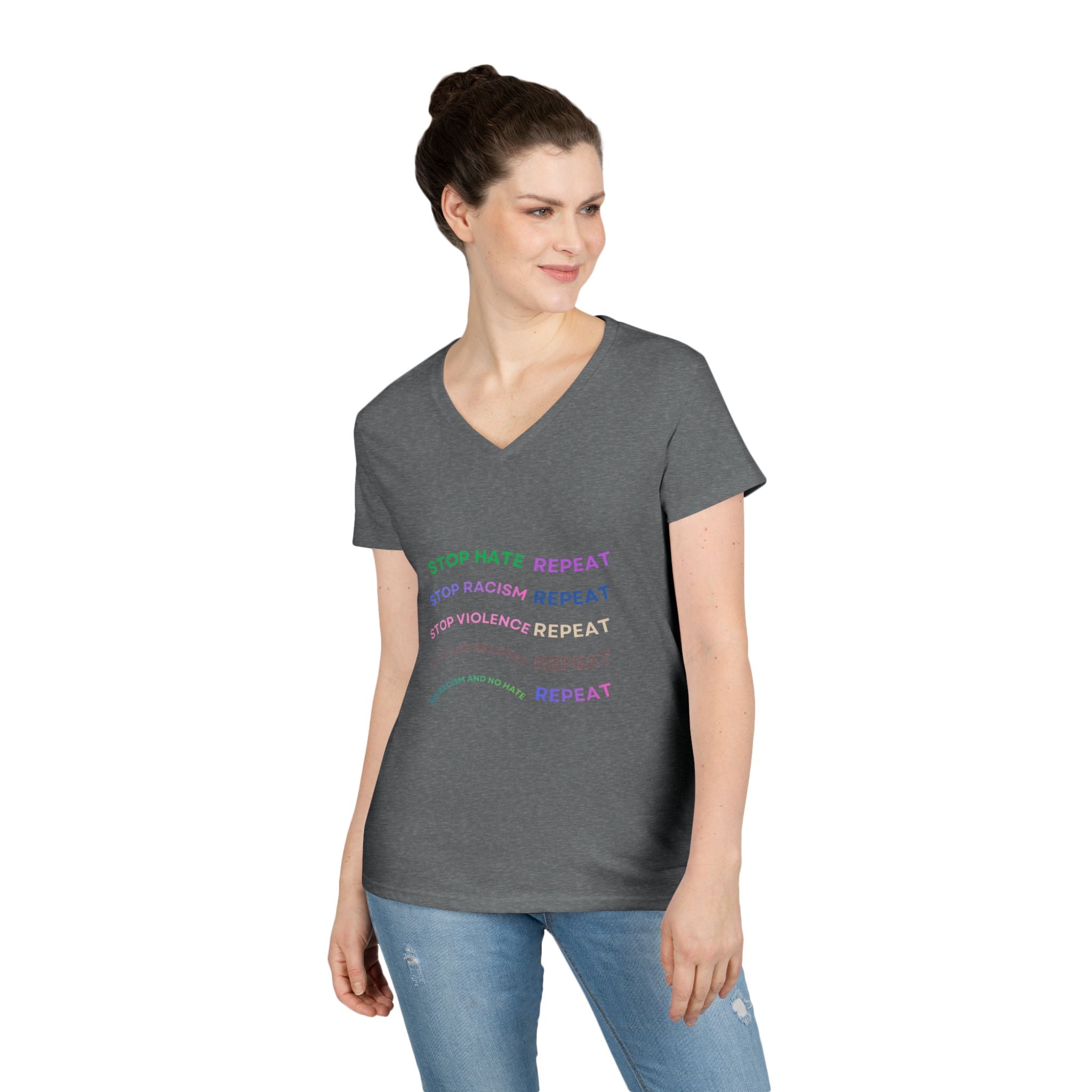 Ladies' V-Neck T-Shirt — "Stop Hate Repeat" Anti-Racism Message Tee