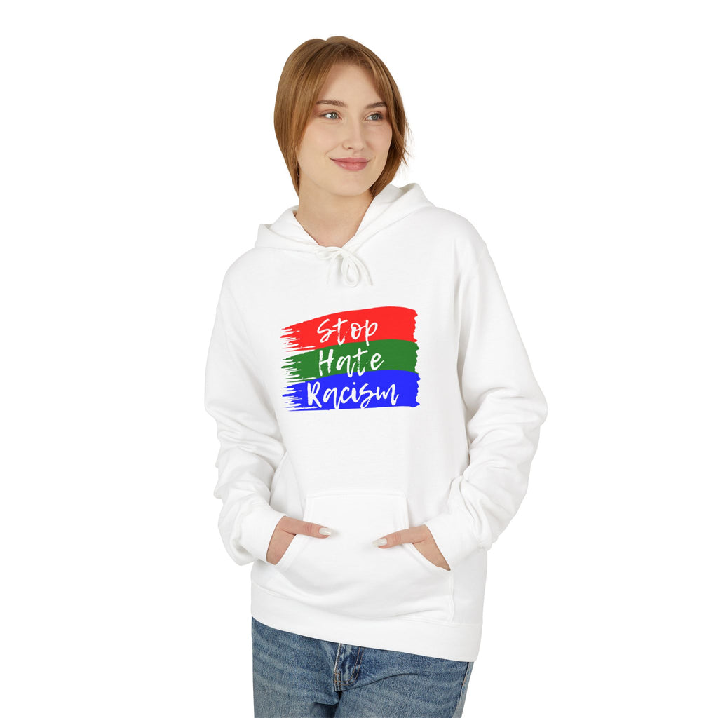 Hoodie — Stop Hate Rebuild (Red-Green-Blue Brushstroke)