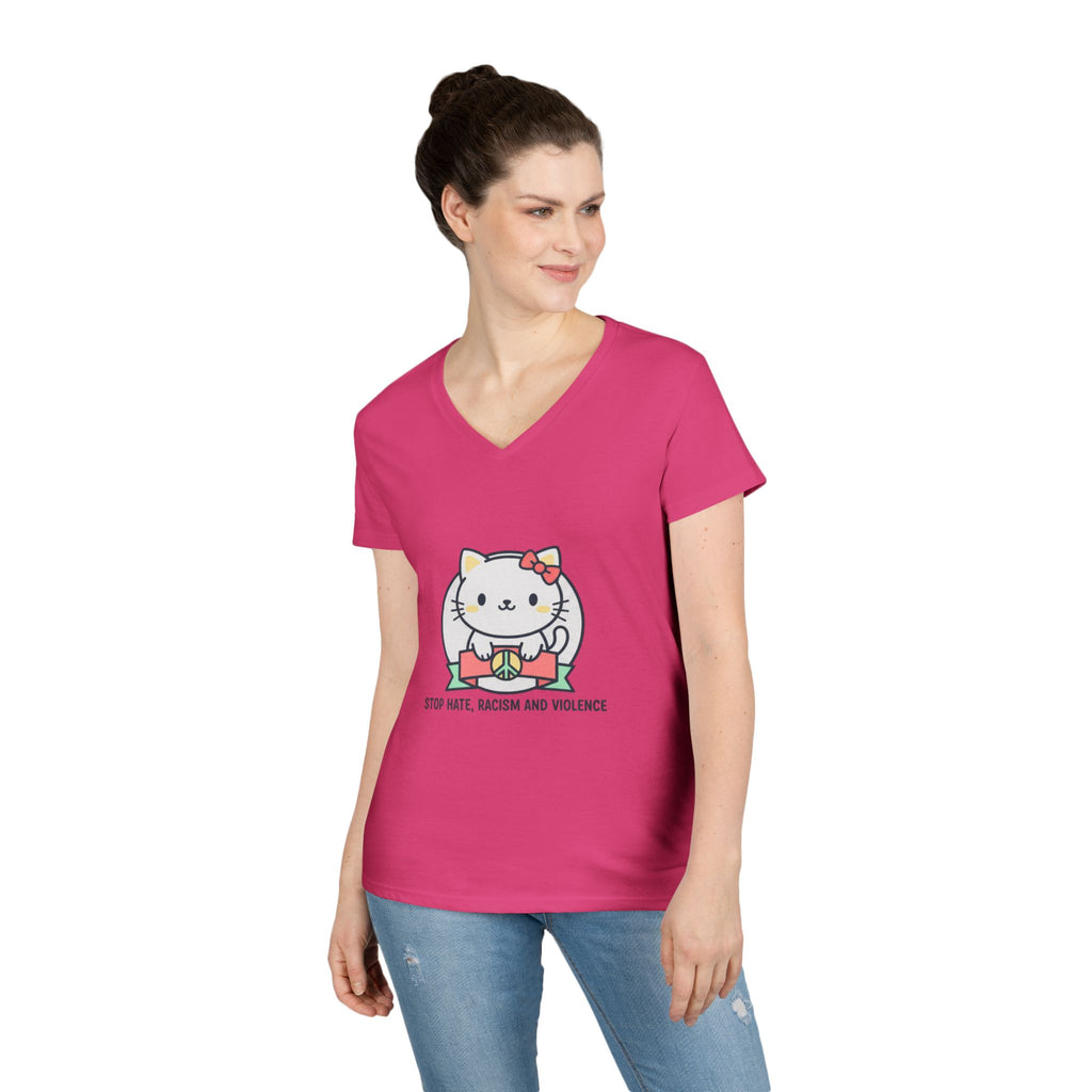 Stop Hate Kitty V-Neck Tee — Cute Anti-Racism Message Shirt