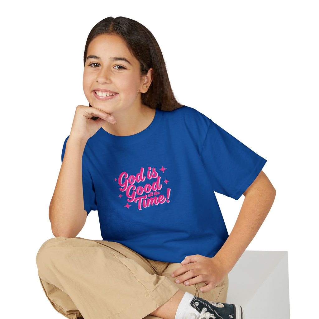 Youth T-Shirt — "God Is Good Time!" Pink Script Faith Tee