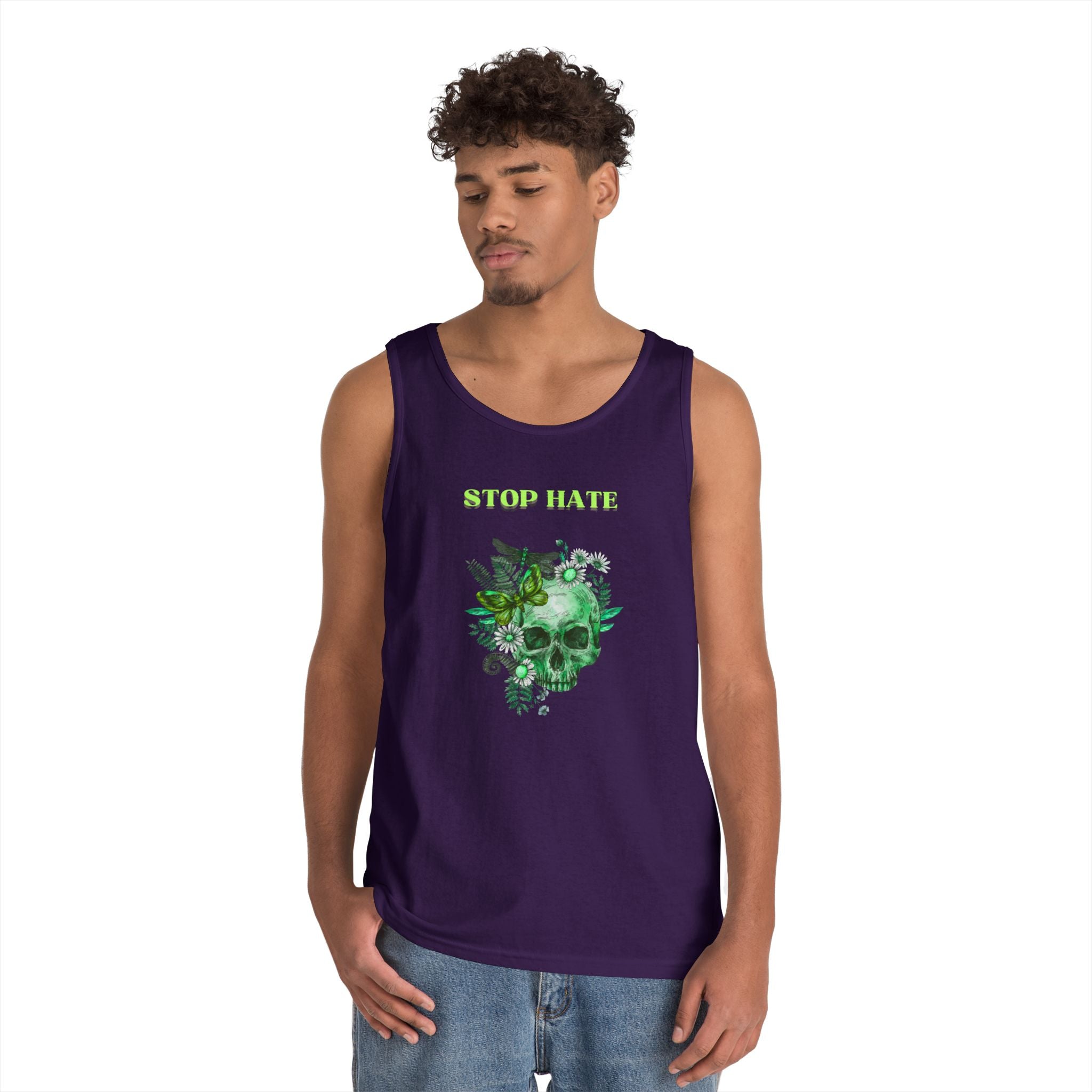 Stop Hate Skull Tank — Green Floral Skull Tank Top