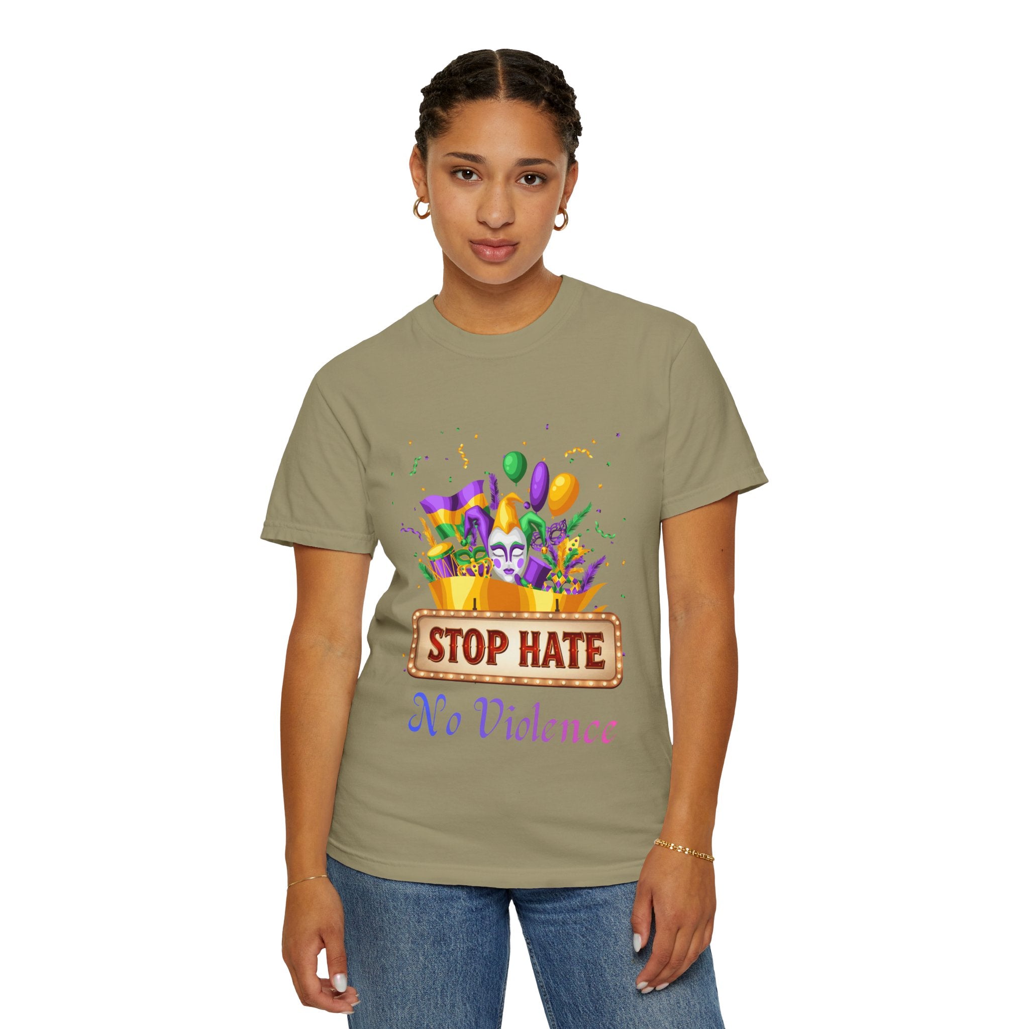 T-Shirt — "Stop Hate, No Violence" Mardi Gras Parade Design