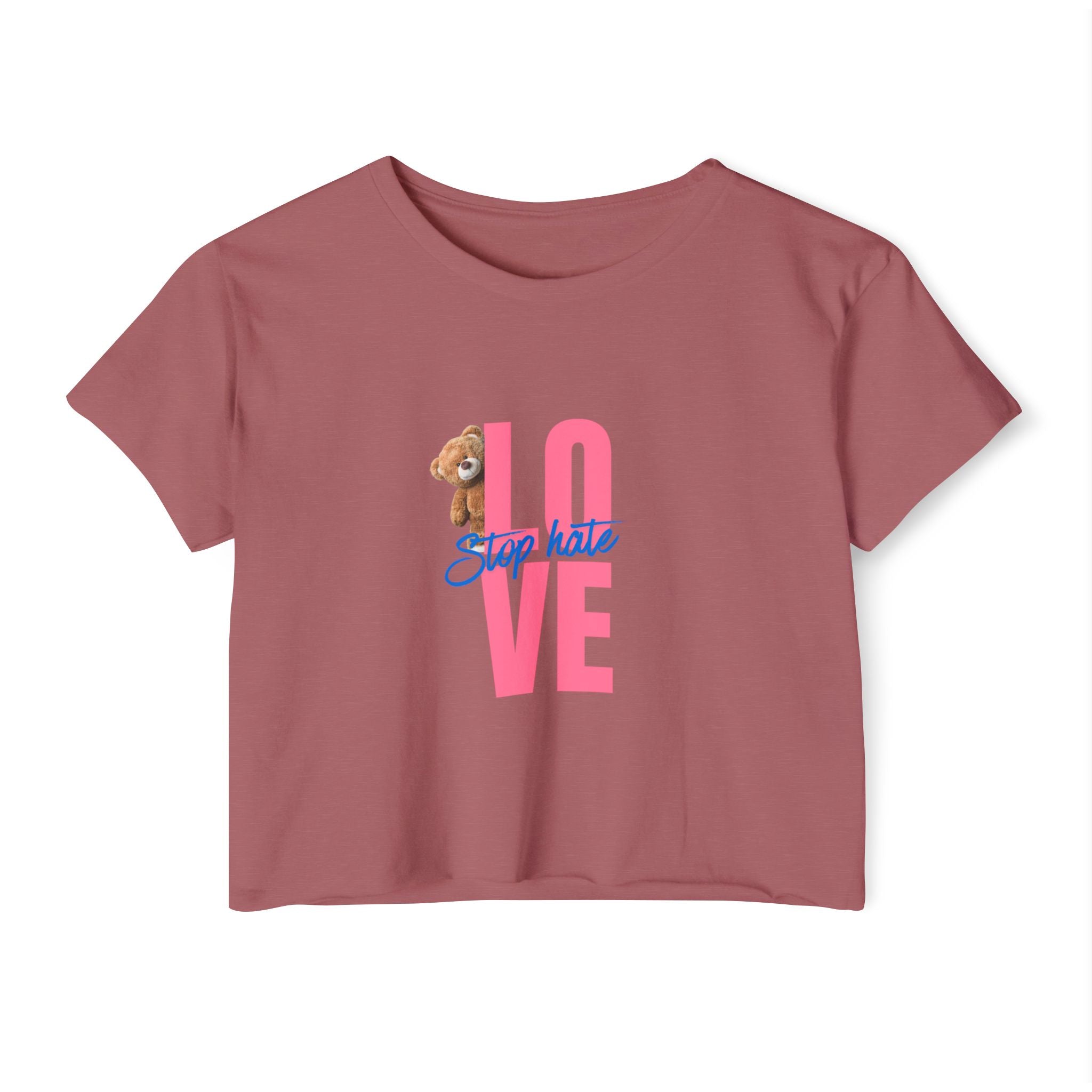 LOVE Festival Crop Top — 'Stop Hate' Pink Teddy Graphic