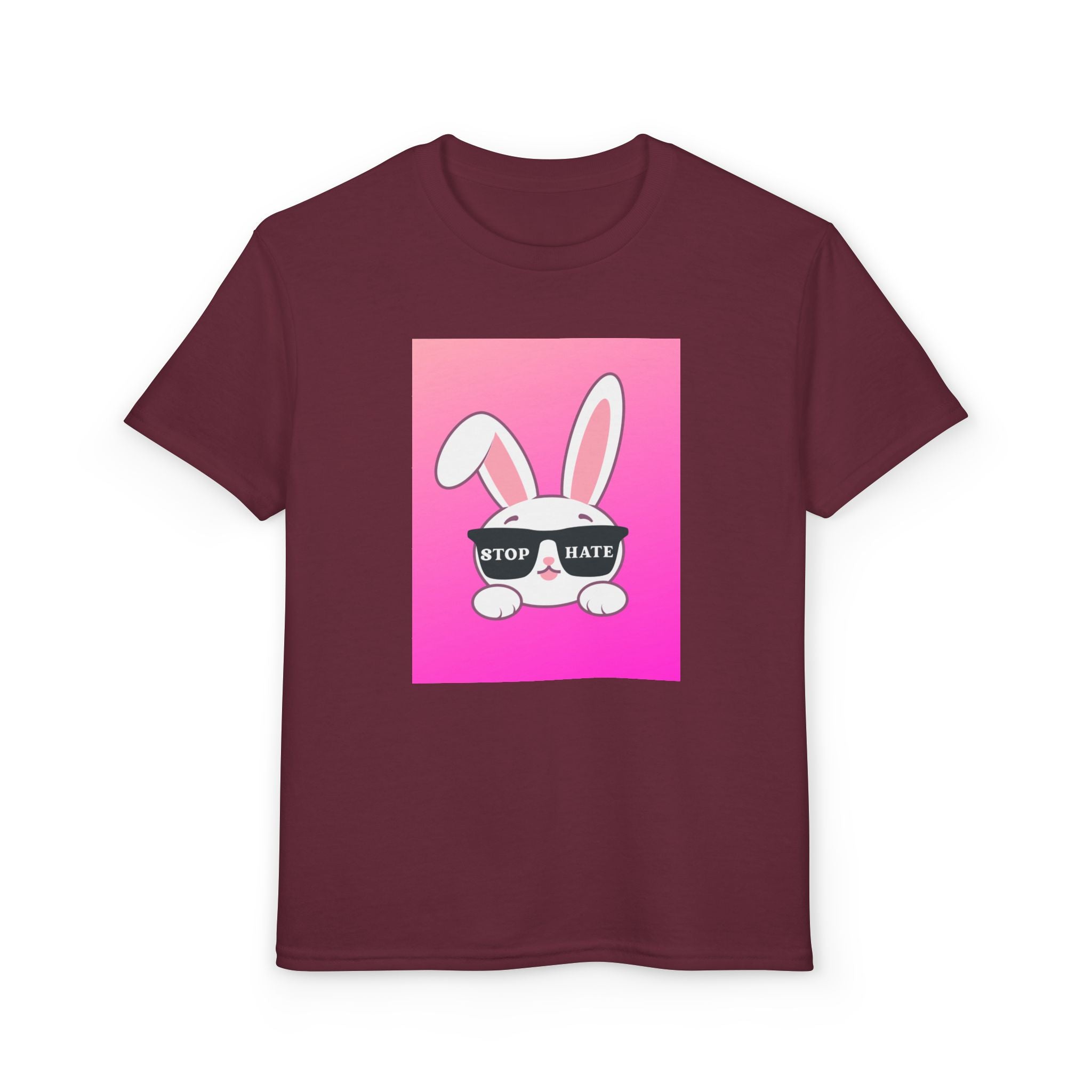 Youth T-Shirt — Pink Bunny "Stop Hate" Graphic