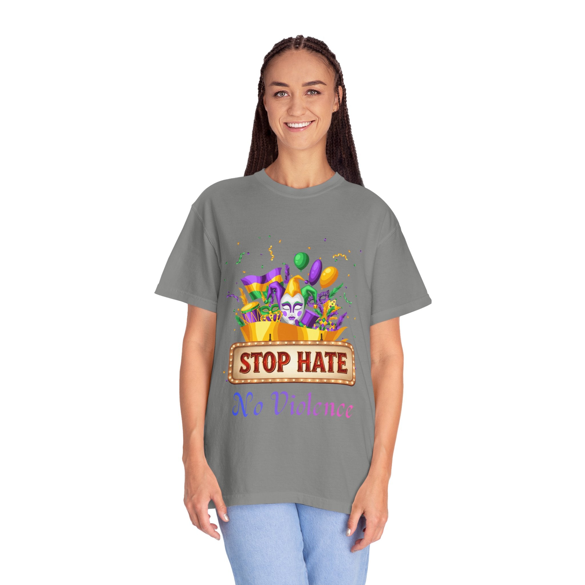 T-Shirt — "Stop Hate, No Violence" Mardi Gras Parade Design