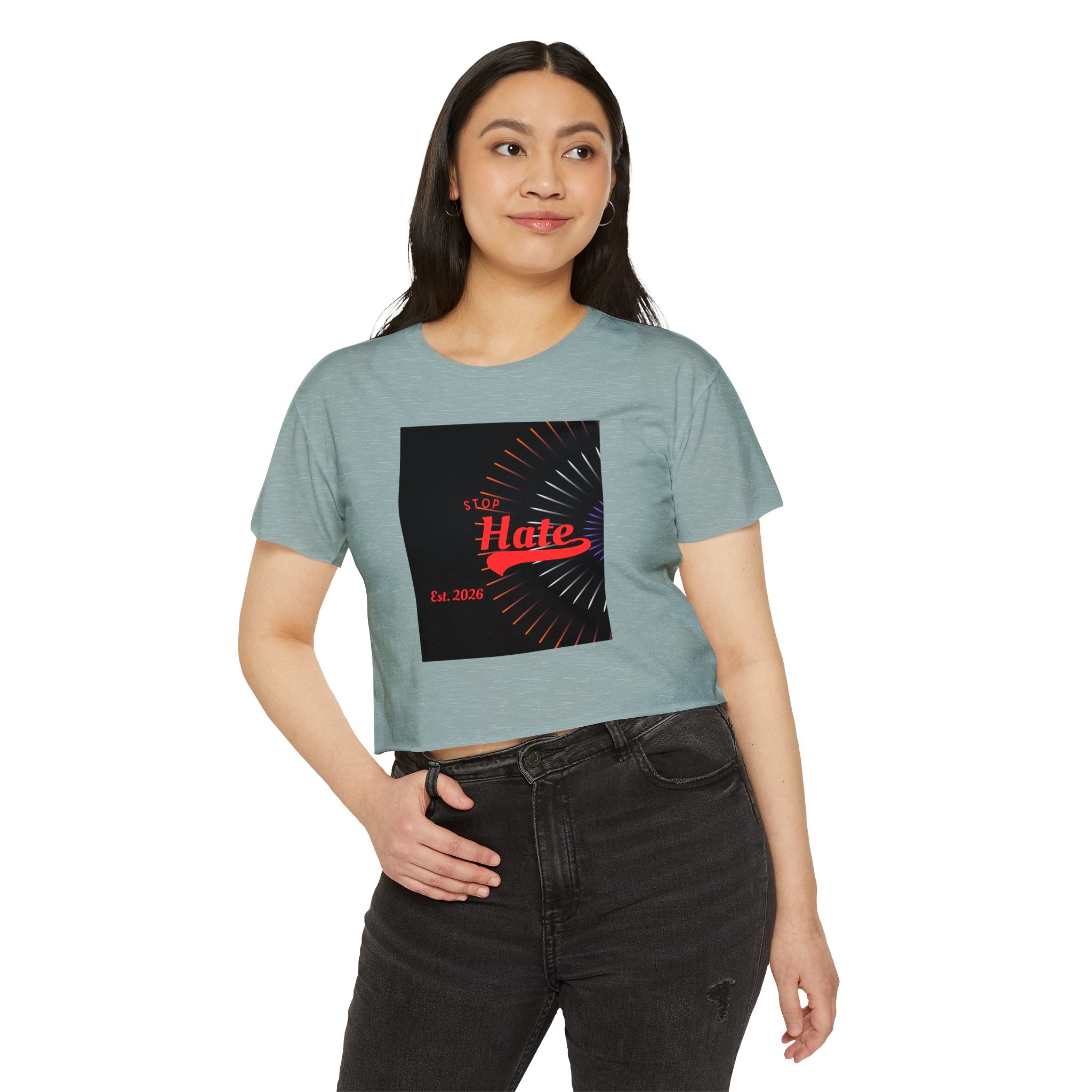 Crop Top — 'Stop Hate' Festival Crop Top, Retro Red Script Graphic