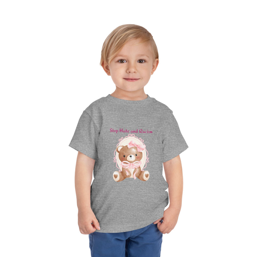 Toddler Tee – Pink Teddy "Stop Hate and Racism" Anti-Racism Kids Shirt