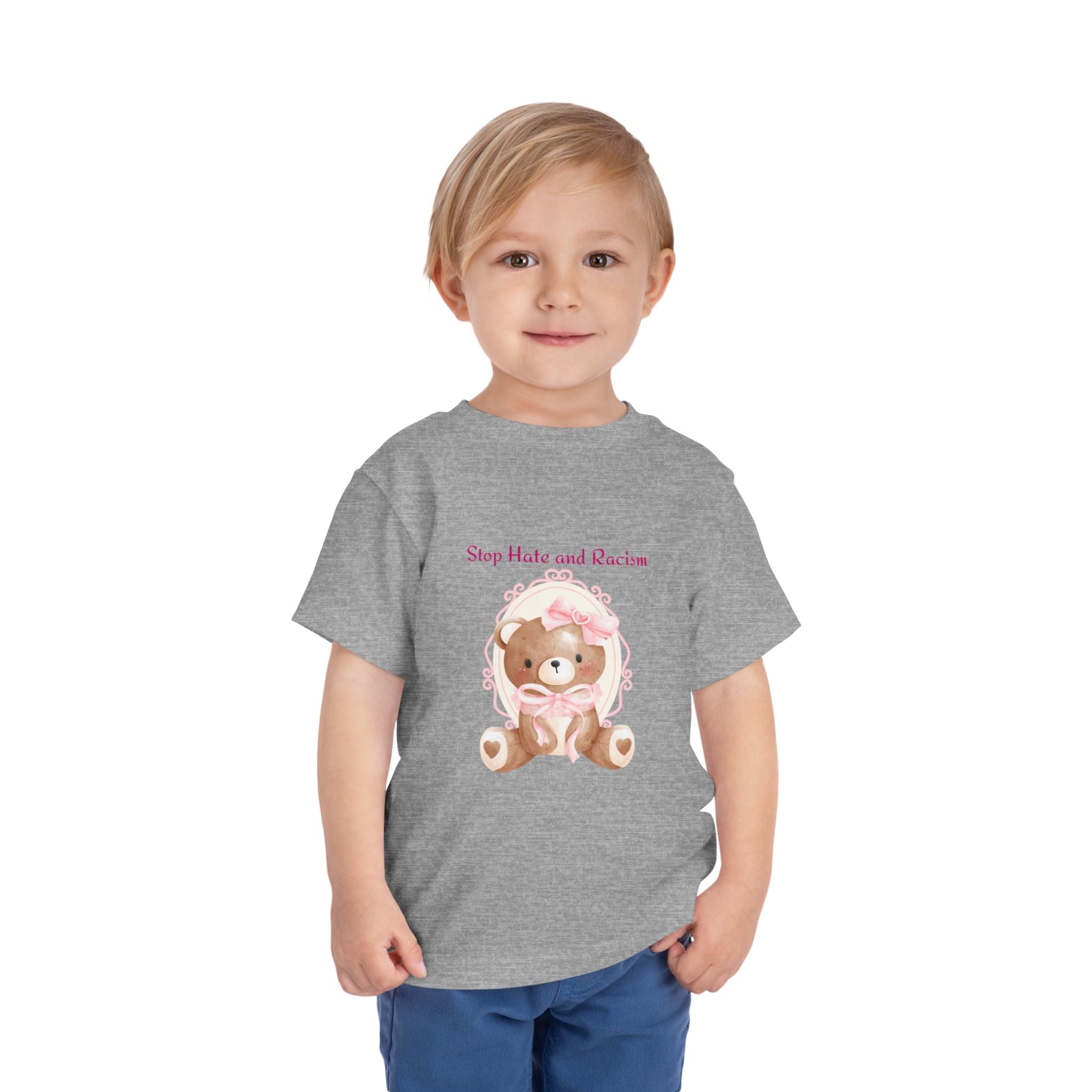 Toddler Tee – Pink Teddy "Stop Hate and Racism" Anti-Racism Kids Shirt