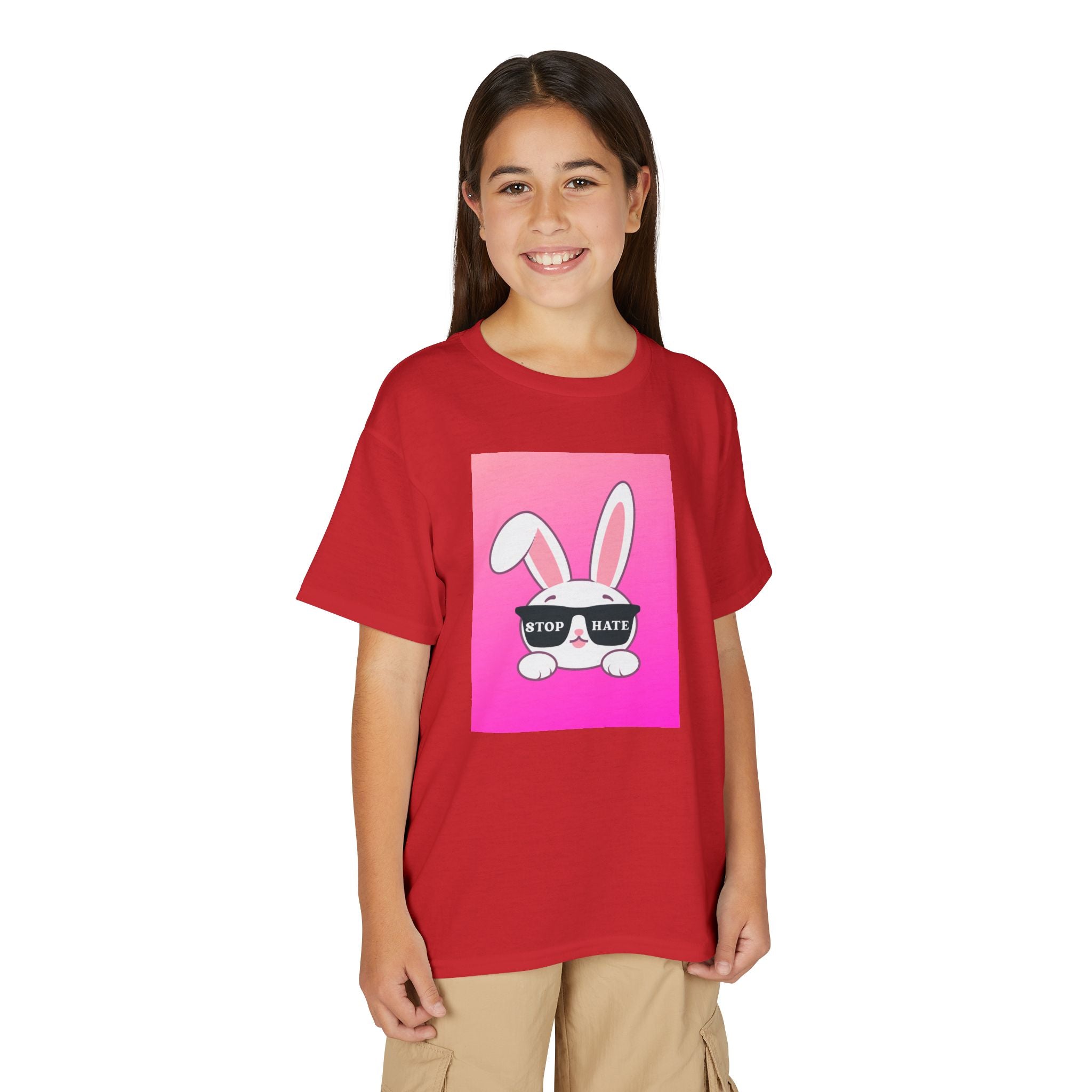 Youth T-Shirt — Pink Bunny "Stop Hate" Graphic