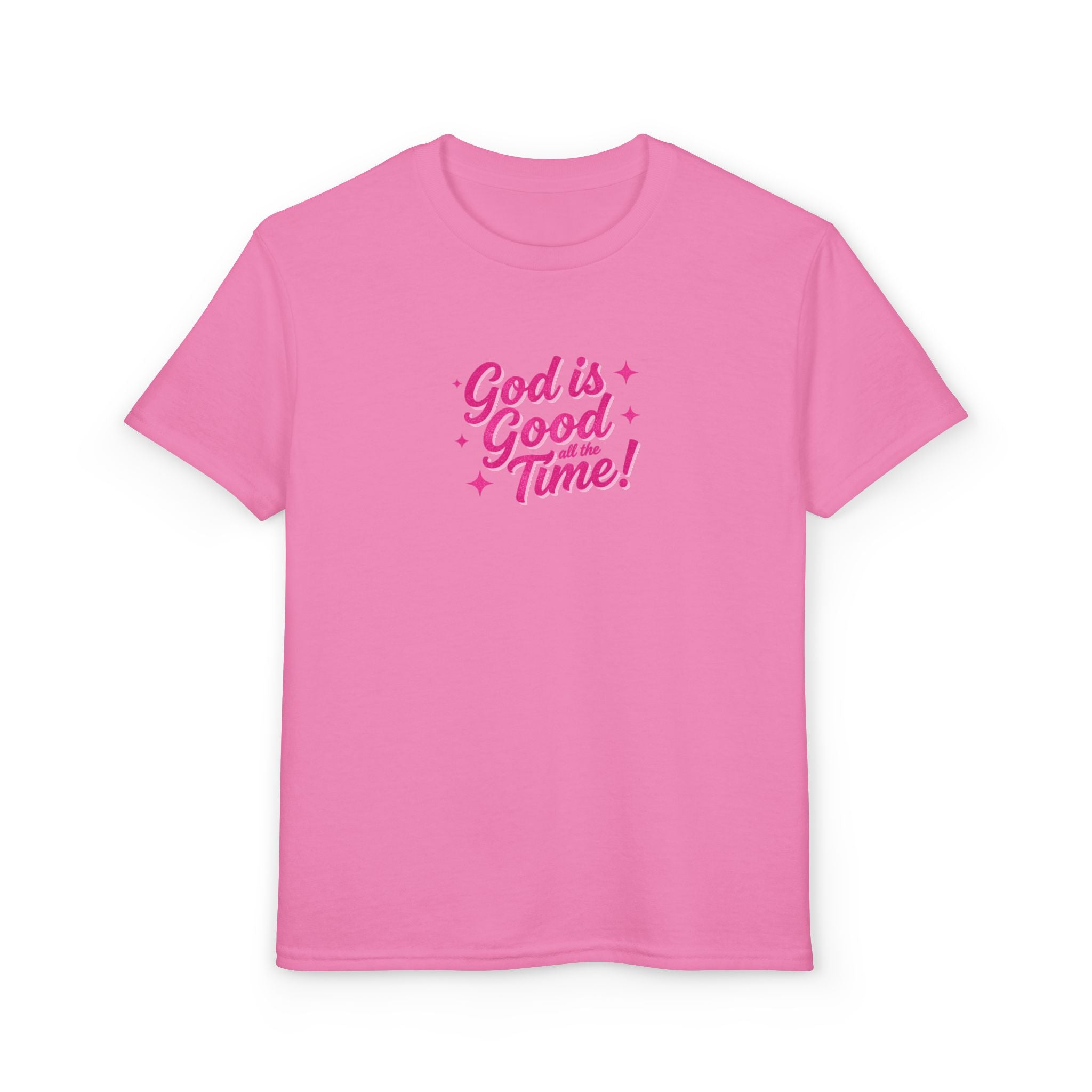 Youth T-Shirt — "God Is Good Time!" Pink Script Faith Tee