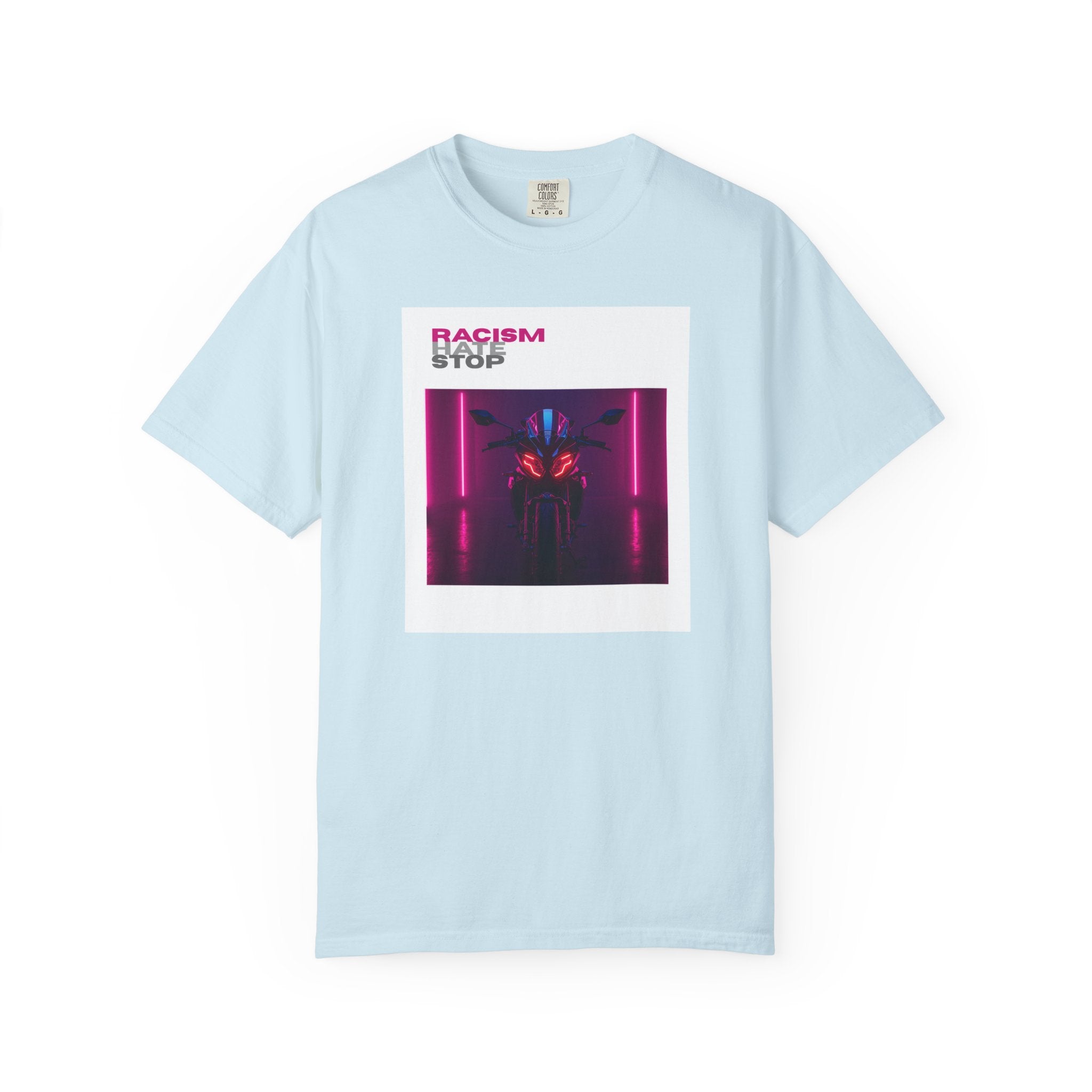Anti-Racism Graphic T-Shirt — “Racism Stop” Neon Robot Design