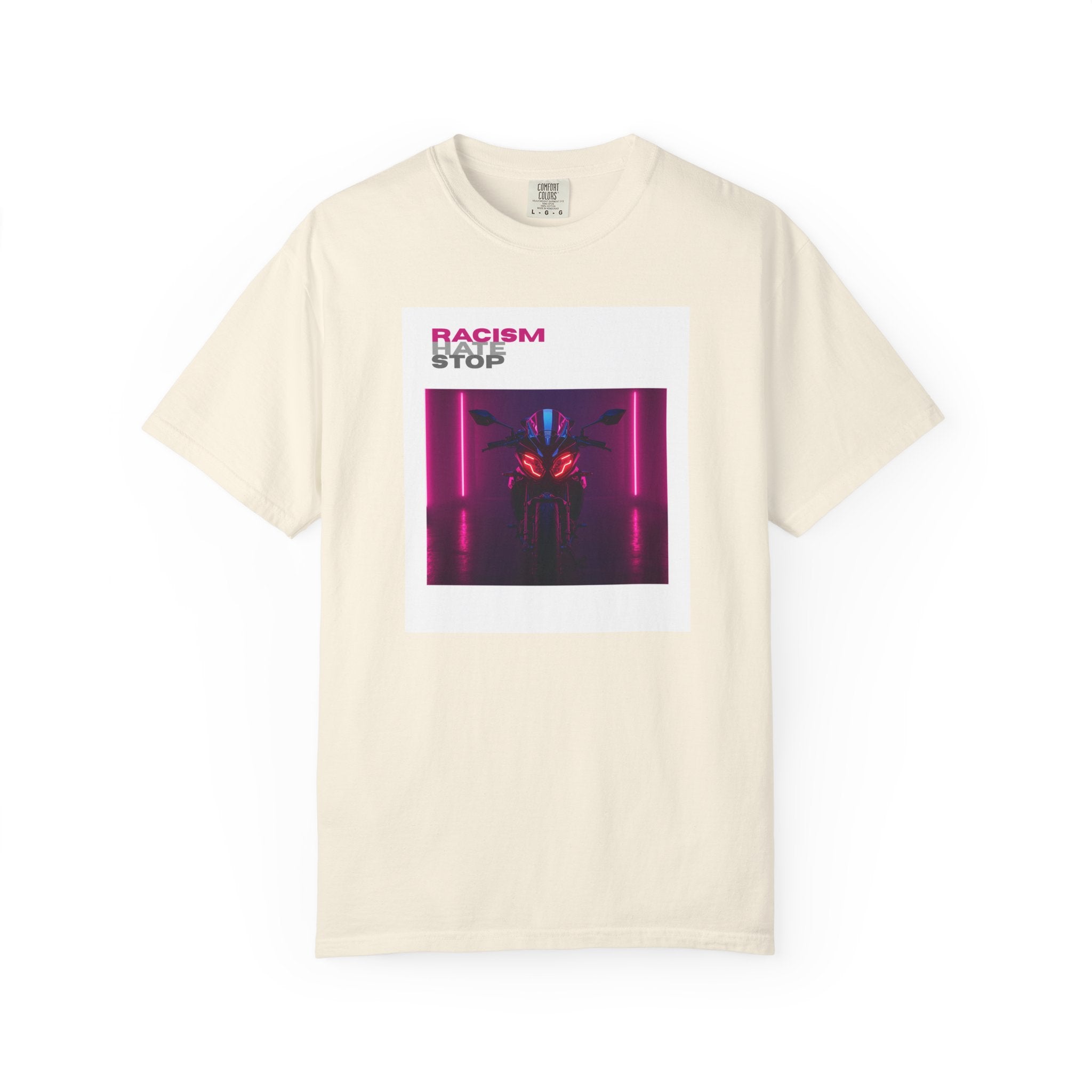 Anti-Racism Graphic T-Shirt — “Racism Stop” Neon Robot Design