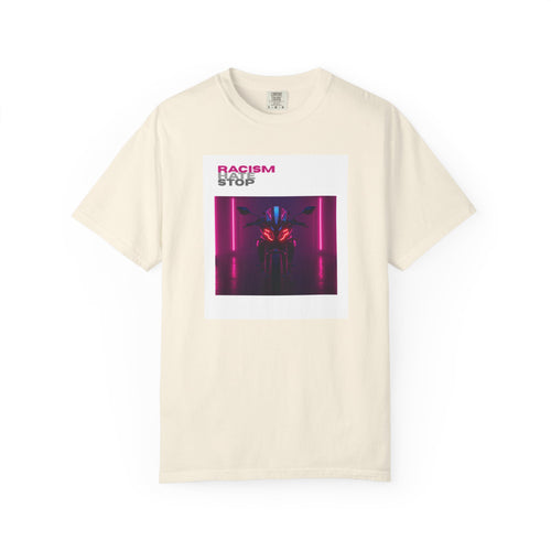Anti-Racism Graphic T-Shirt — “Racism Stop” Neon Robot Design