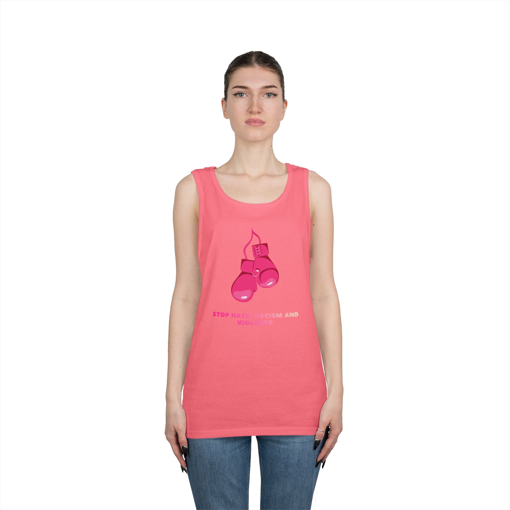 Pink Boxing Gloves Tank Top – “Stop Hate, Racism and Violence” Graphic Tank