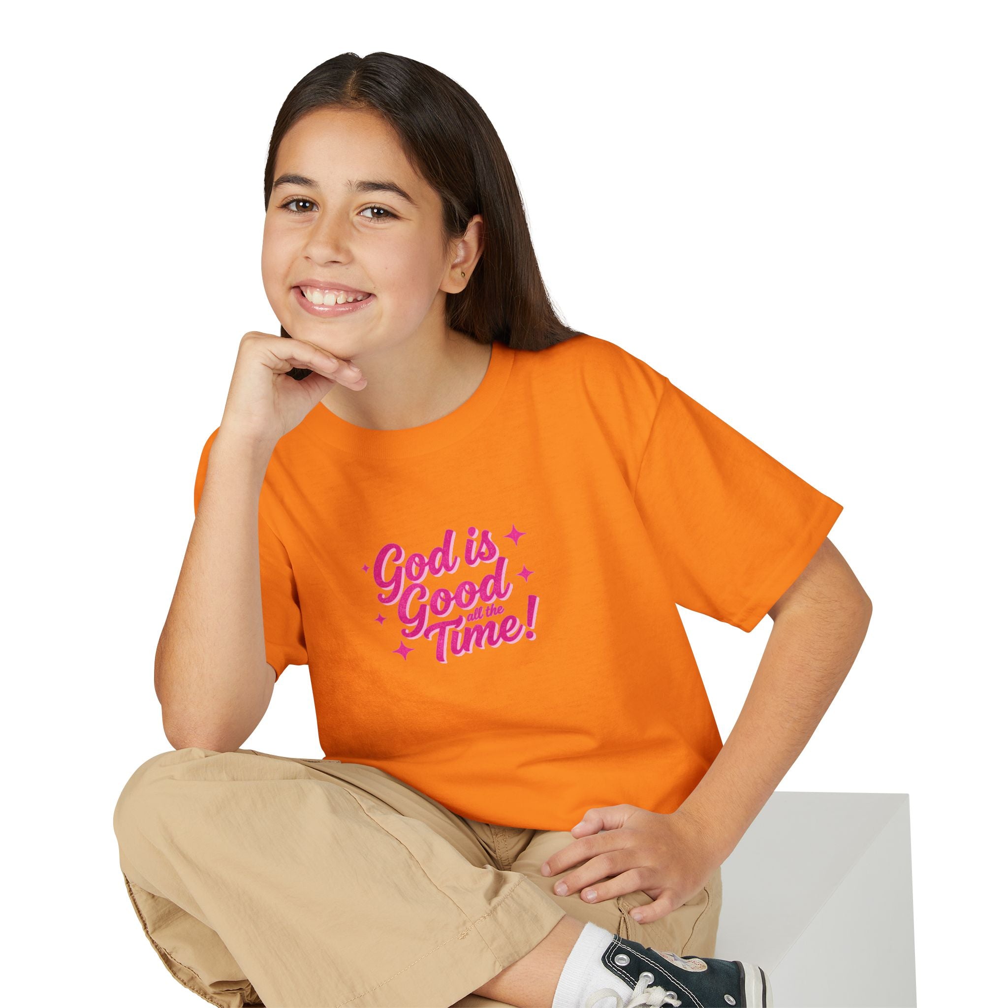 Youth T-Shirt — "God Is Good Time!" Pink Script Faith Tee