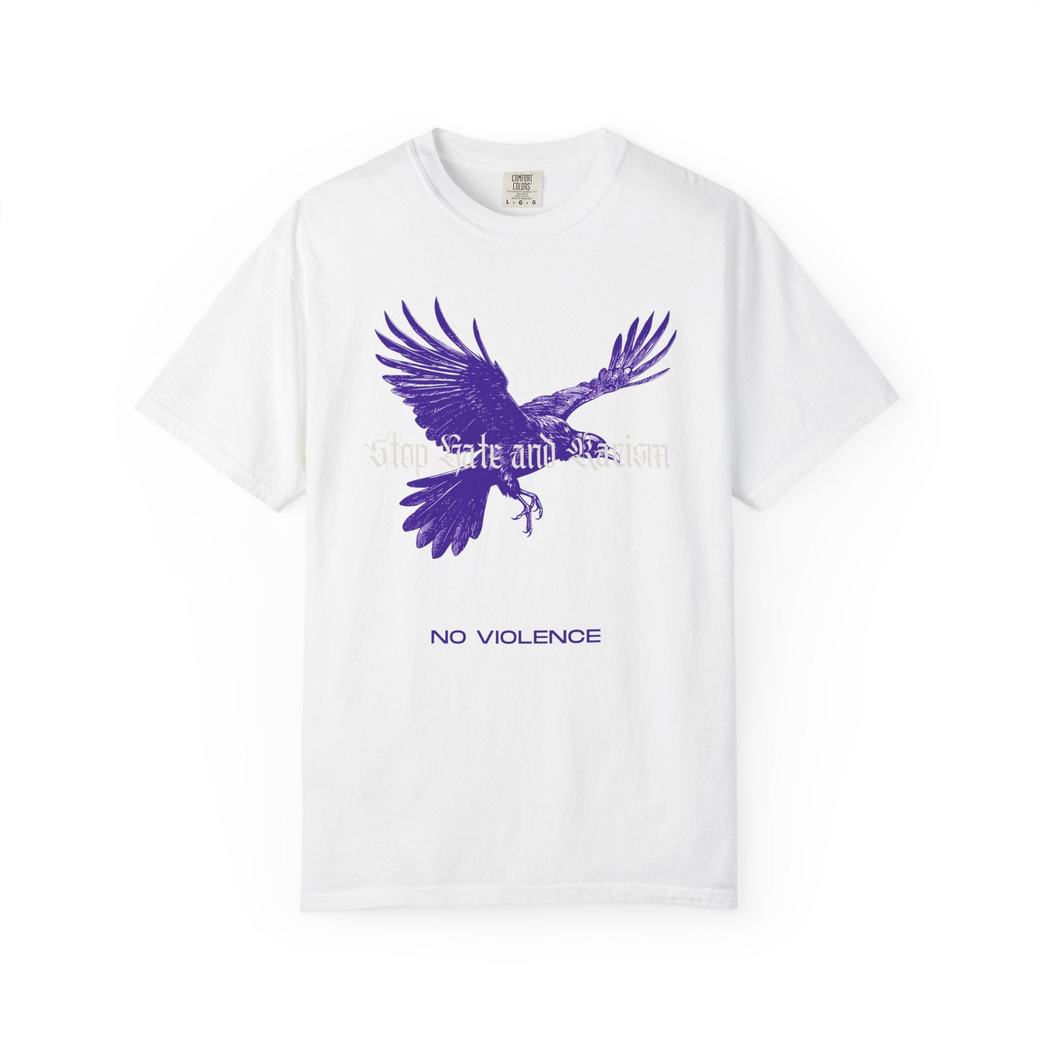 No Violence Raven T-Shirt — Purple Flying Crow Graphic Tee