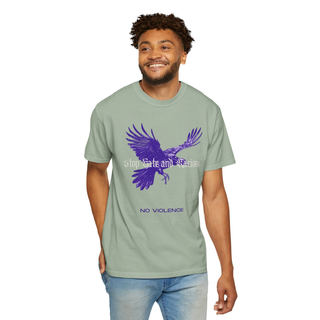 No Violence Raven T-Shirt — Purple Flying Crow Graphic Tee
