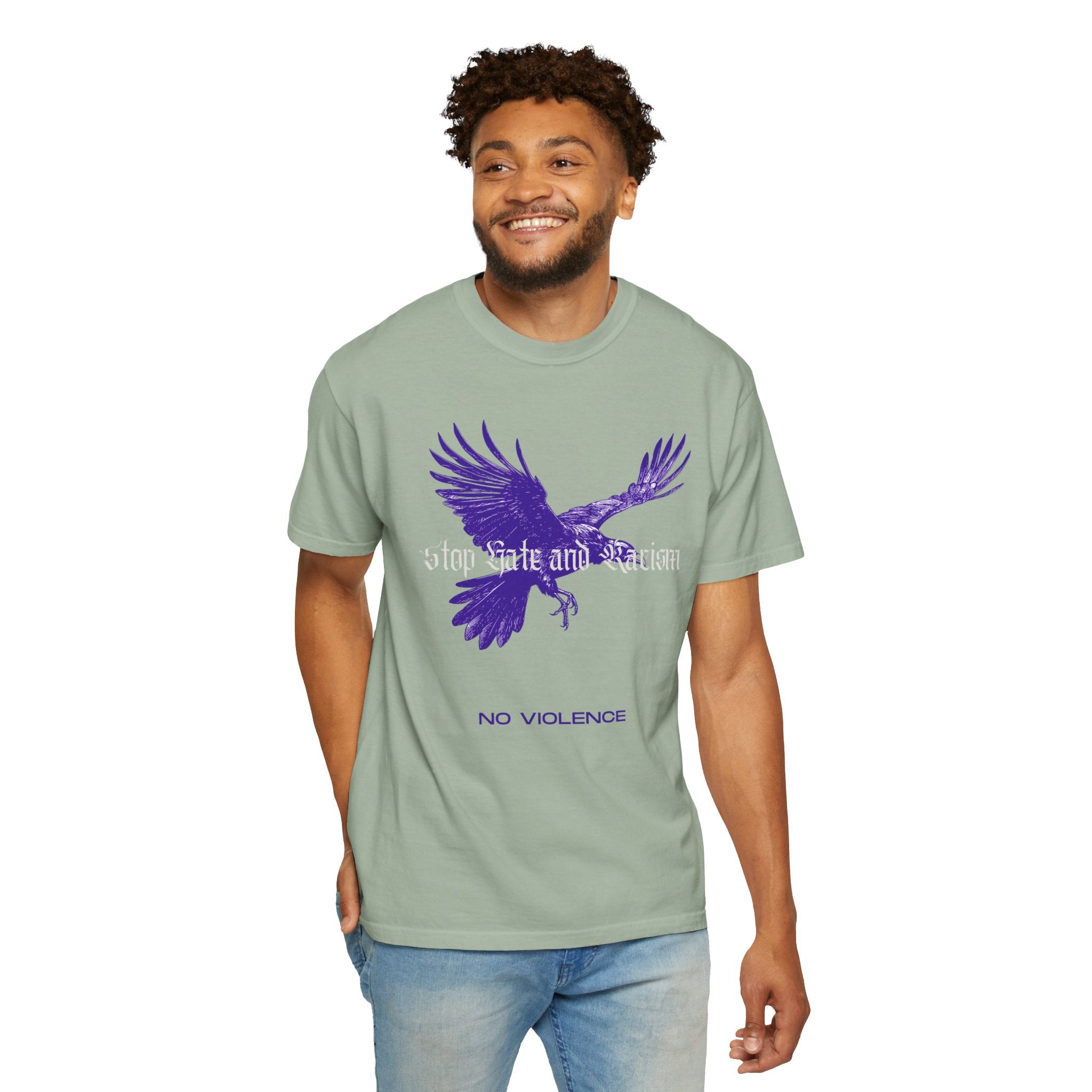 No Violence Raven T-Shirt — Purple Flying Crow Graphic Tee