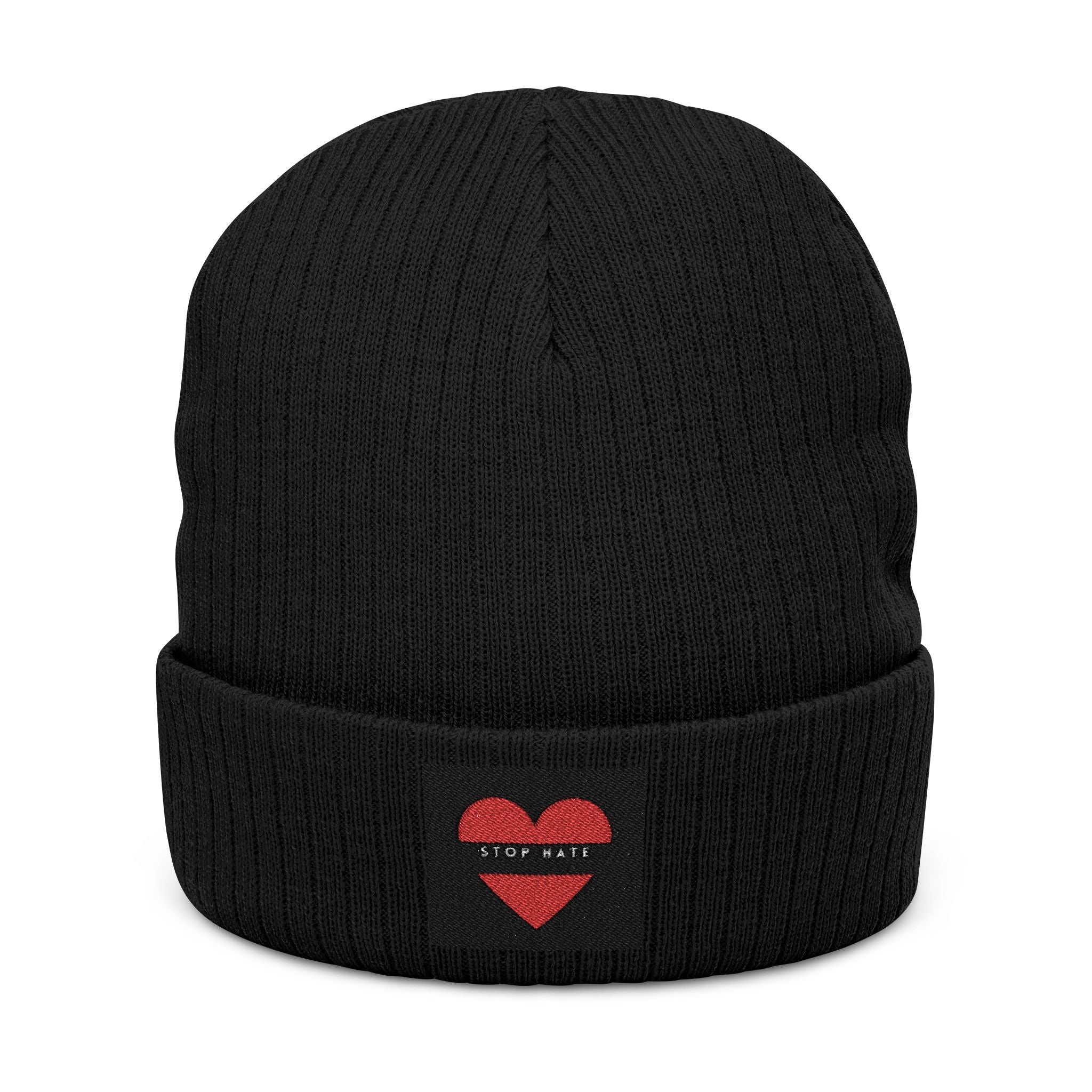 Embroidered Heart Patch Ribbed Knit Beanie — "Stay Nice"