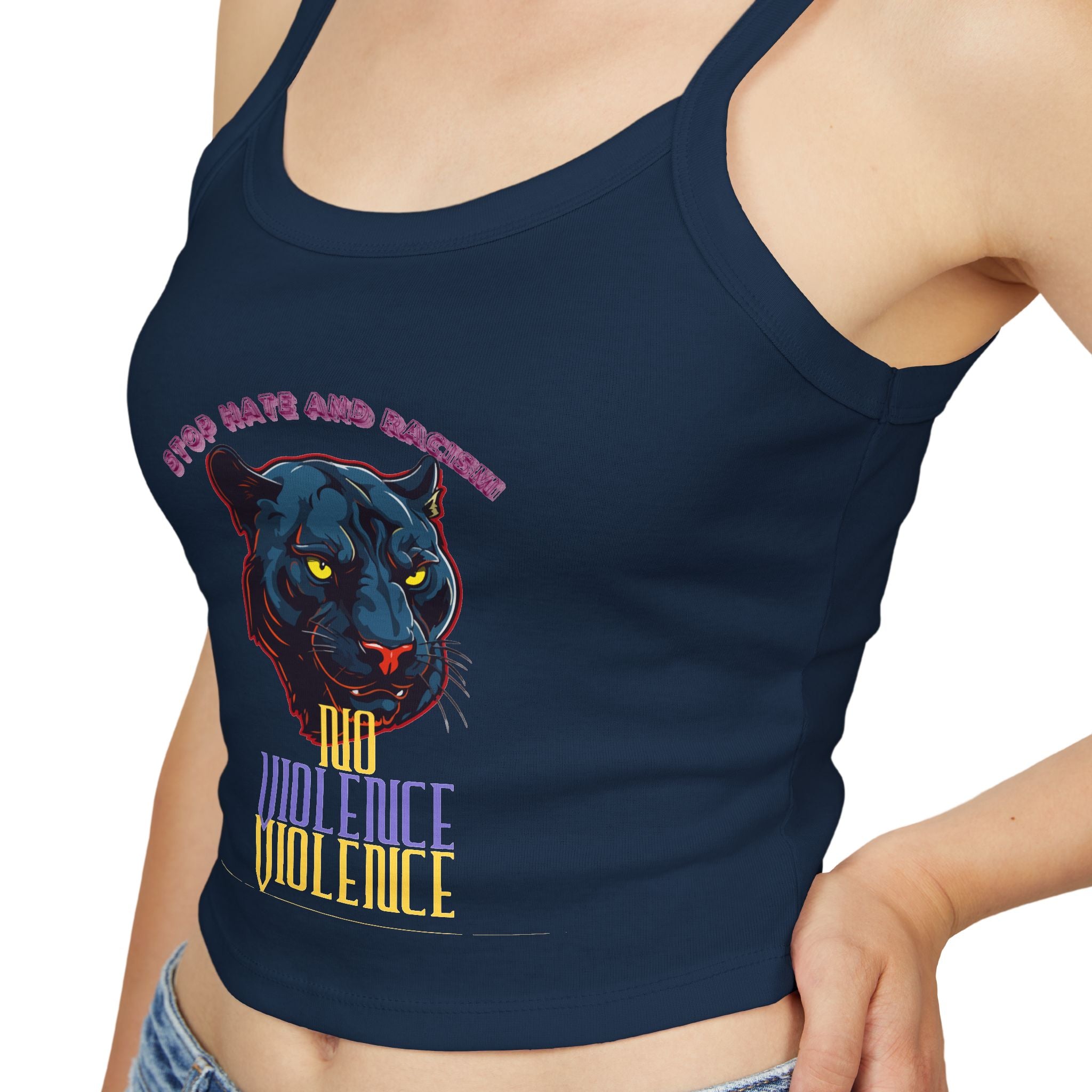 Panther Graphic Crop Tank — "No Violence, No Violence" Women's Spaghetti Strap Tank