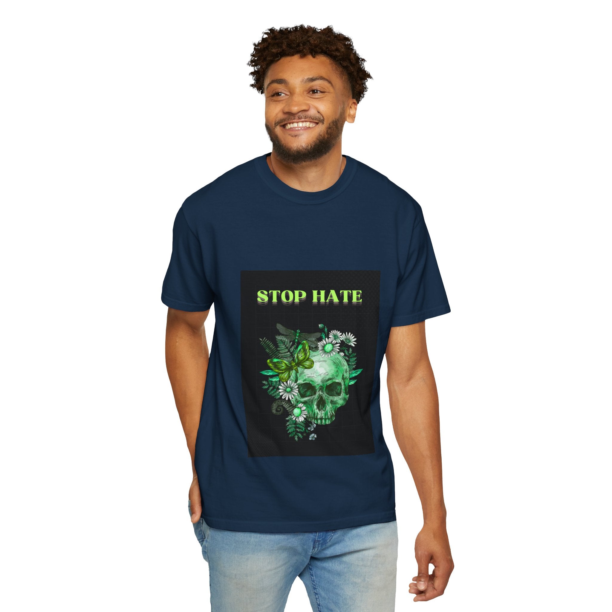 Stop Hate Skull T-Shirt — Green Floral Skull Graphic Tee