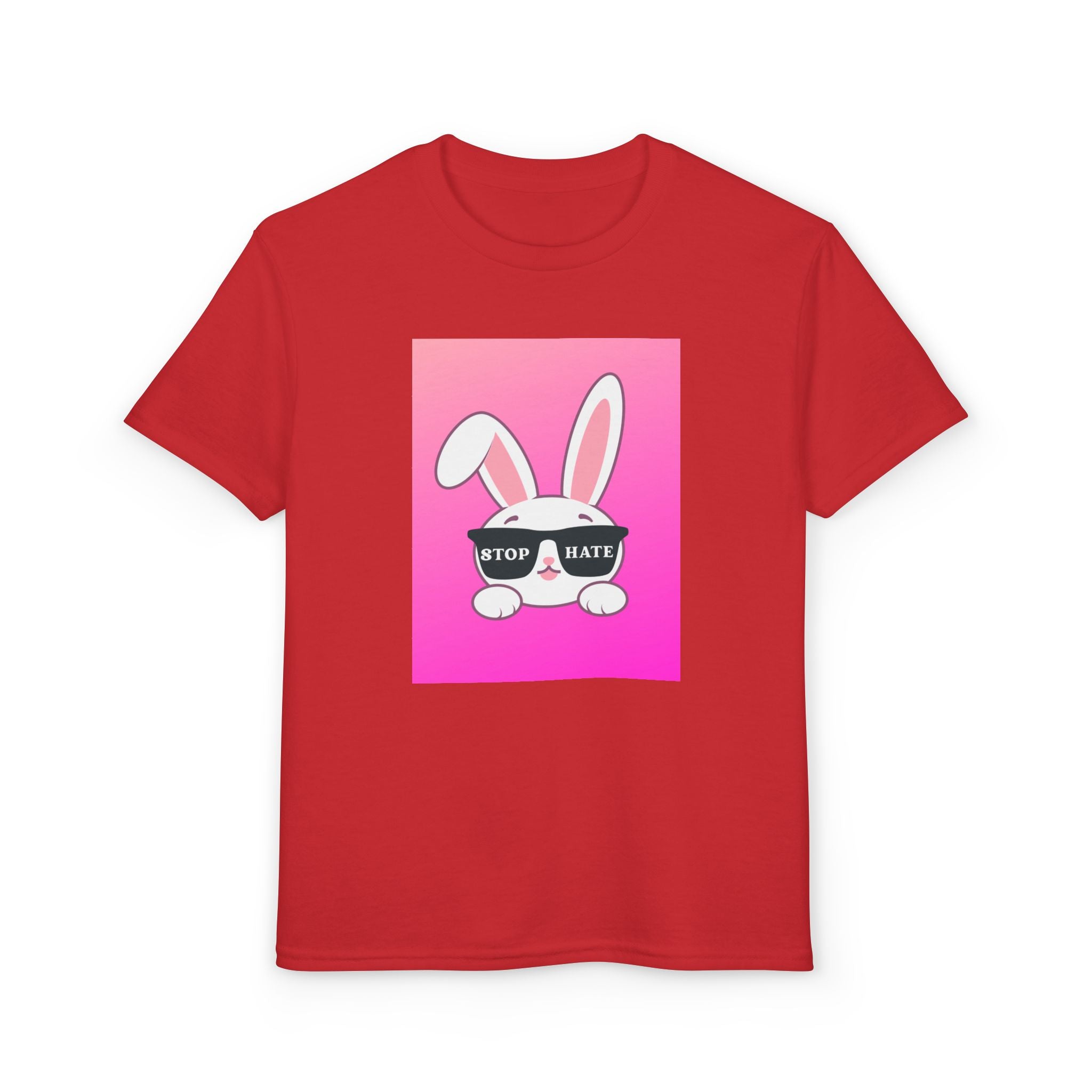 Youth T-Shirt — Pink Bunny "Stop Hate" Graphic