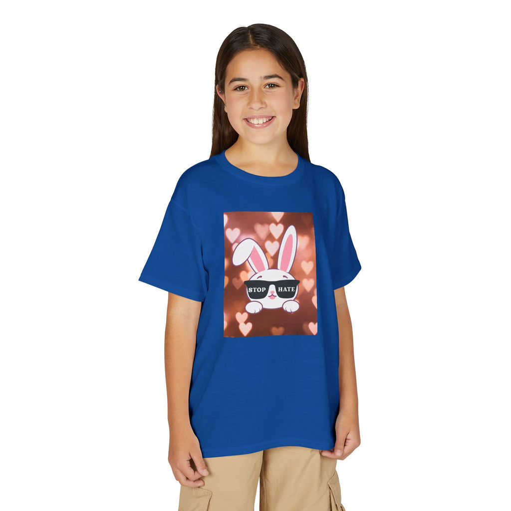 Youth T-Shirt — Cute Bunny with 'Stop the Hate' Sunglasses | Kids Anti-Bullying Tee