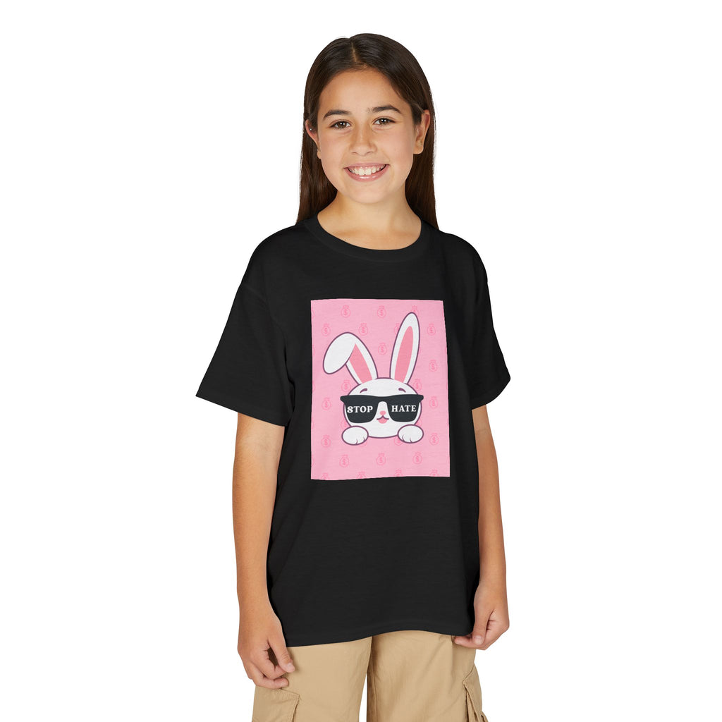 Youth T-Shirt — Pink Bunny Wearing "Stop Hate" Sunglasses Kids Tee