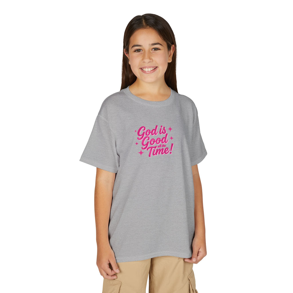 Youth T-Shirt — "God Is Good Time!" Pink Script Faith Tee
