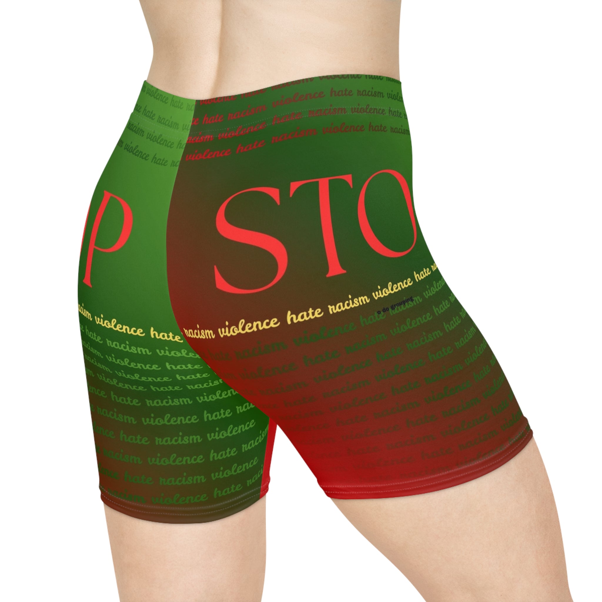 Stop Hate Biker Shorts — Anti-Racism Green & Red AOP Activewear