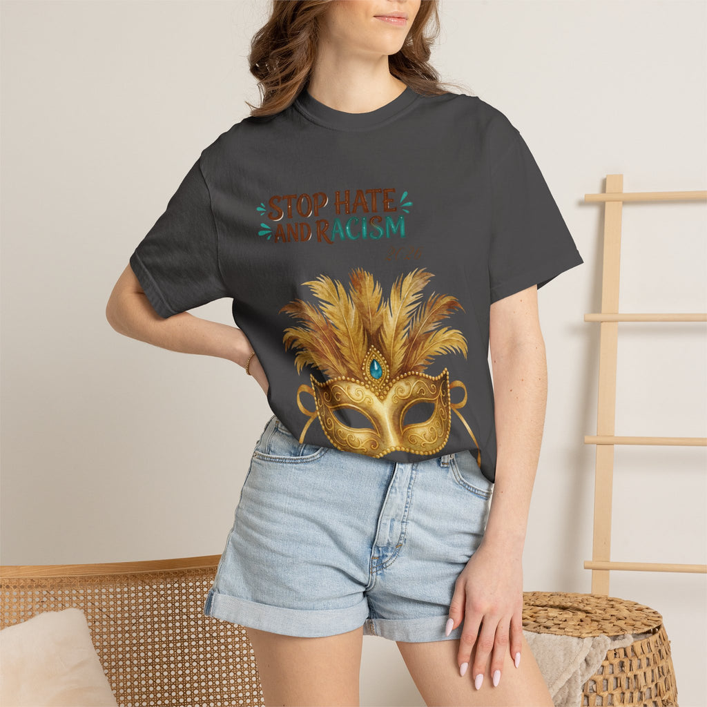 Stop Hate and Racism T-Shirt — Mardi Gras Mask Anti-Racism Tee